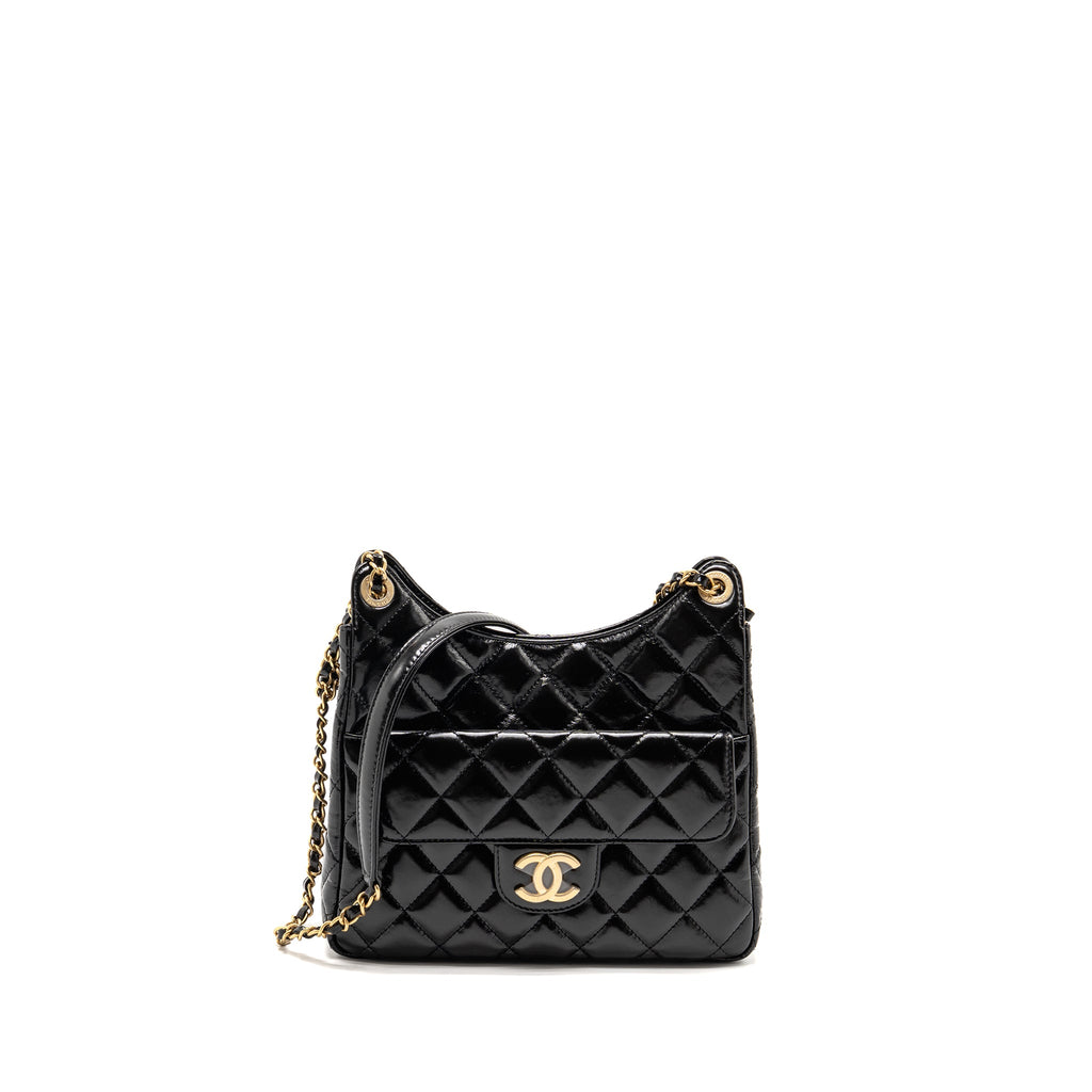 CHANEL HOBO BAG SHINY CALFSKIN BLACK BRUSHED GHW