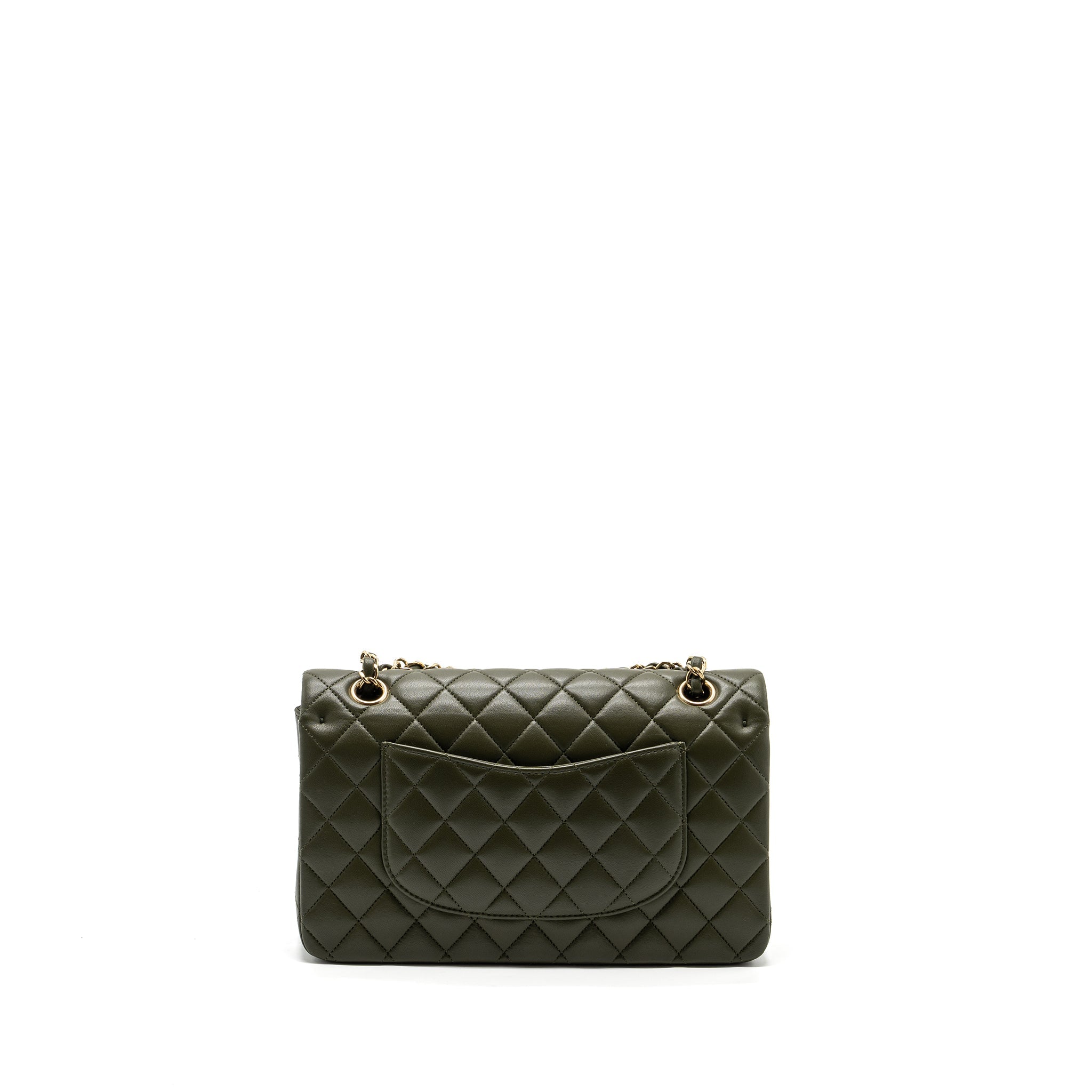 CHANEL 22K MEDIUM CLASSIC DOUBLE FLAP BAG LAMBSKIN OLIVE GREEN LGHW(MICROCHIP)