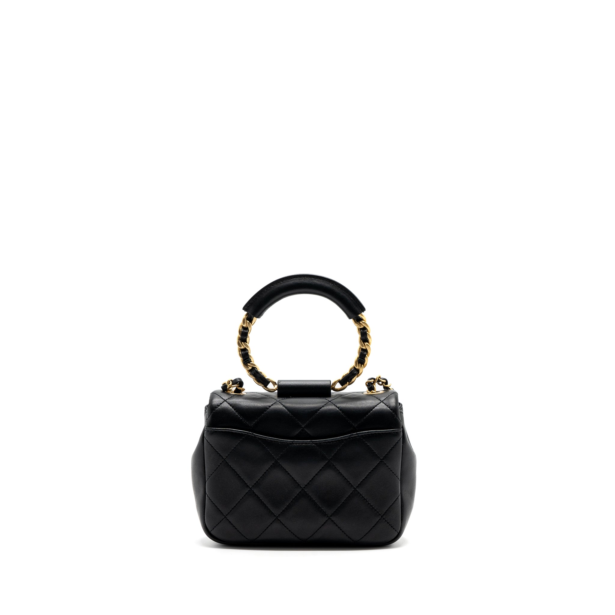 CHANEL CIRCULAR HANDLE QUILTED FLAP BAG LAMBSKIN BLACK BRUSHED GHW