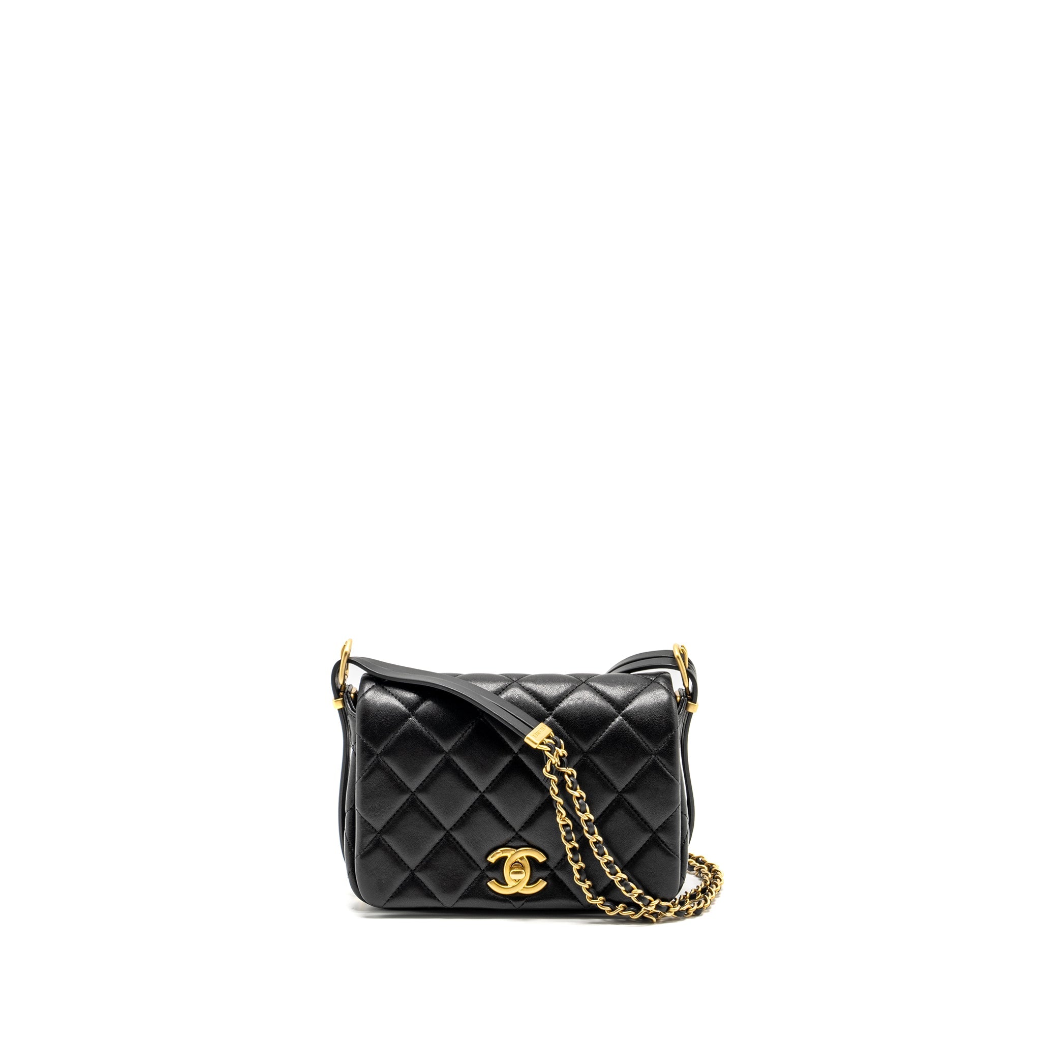 CHANEL 23B DETAIL CHAINS QUILTED FLAP BAG LAMBSKIN BLACK GHW(MICROCHIP)