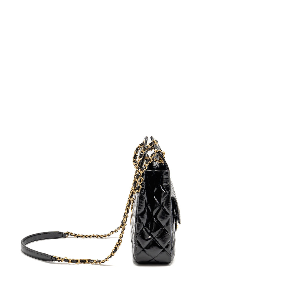 CHANEL HOBO BAG SHINY CALFSKIN BLACK BRUSHED GHW