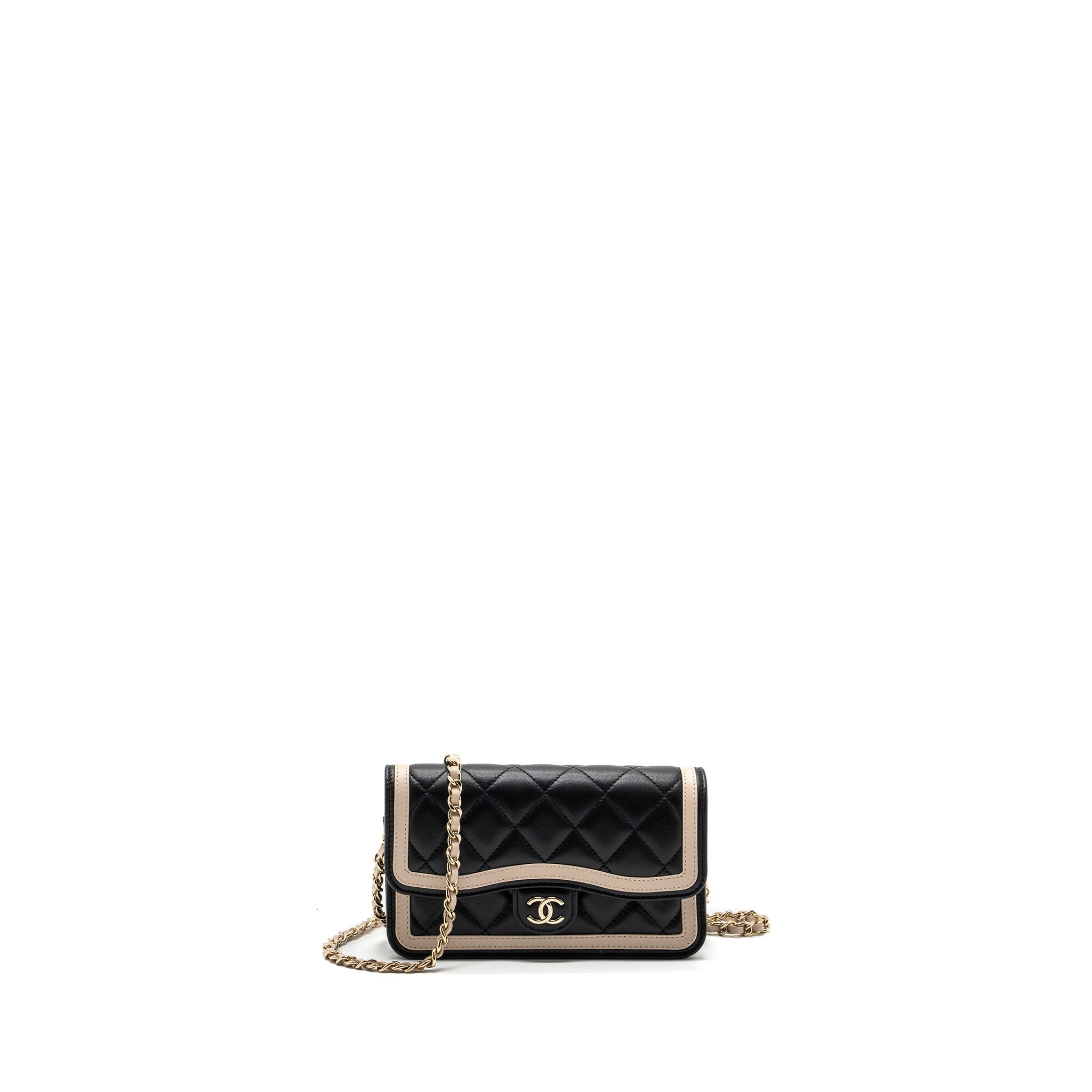 CHANEL 23B FLAP PHONE HOLDER LAMBSKIN BLACK/ WHITE LGHW (MICROCHIP)