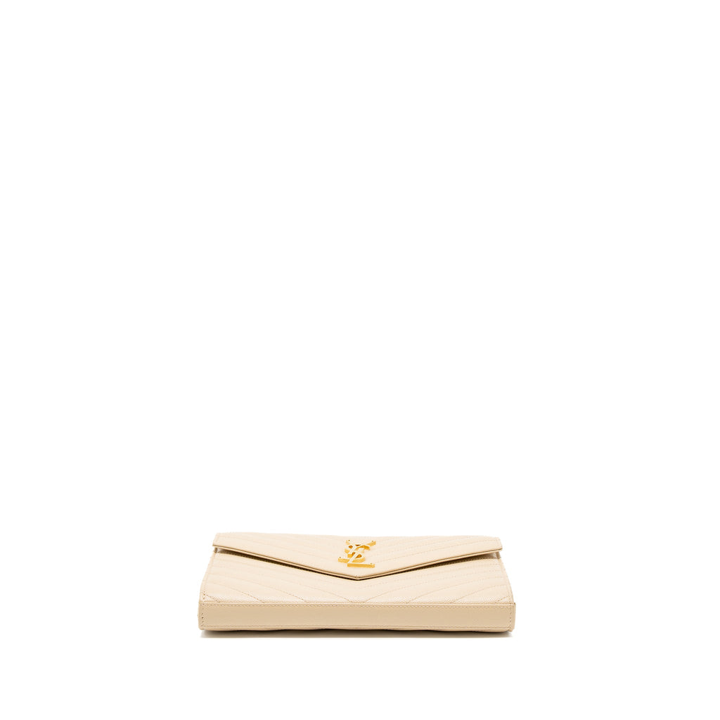 SAINT LAURENT CASSANDRE MATELASSE CHAIN WALLET GRAINED CALFSKIN BEIGE GHW
