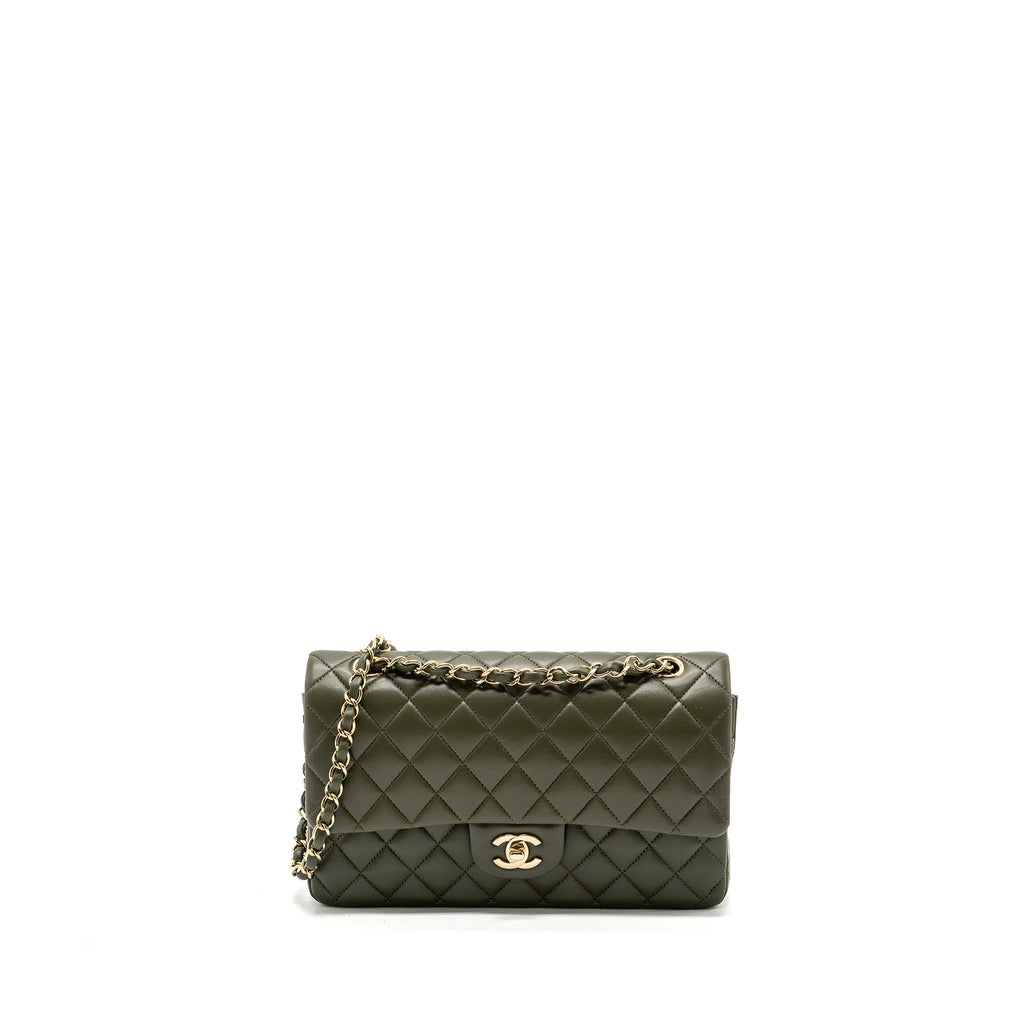 CHANEL 22K MEDIUM CLASSIC DOUBLE FLAP BAG LAMBSKIN OLIVE GREEN LGHW(MICROCHIP)