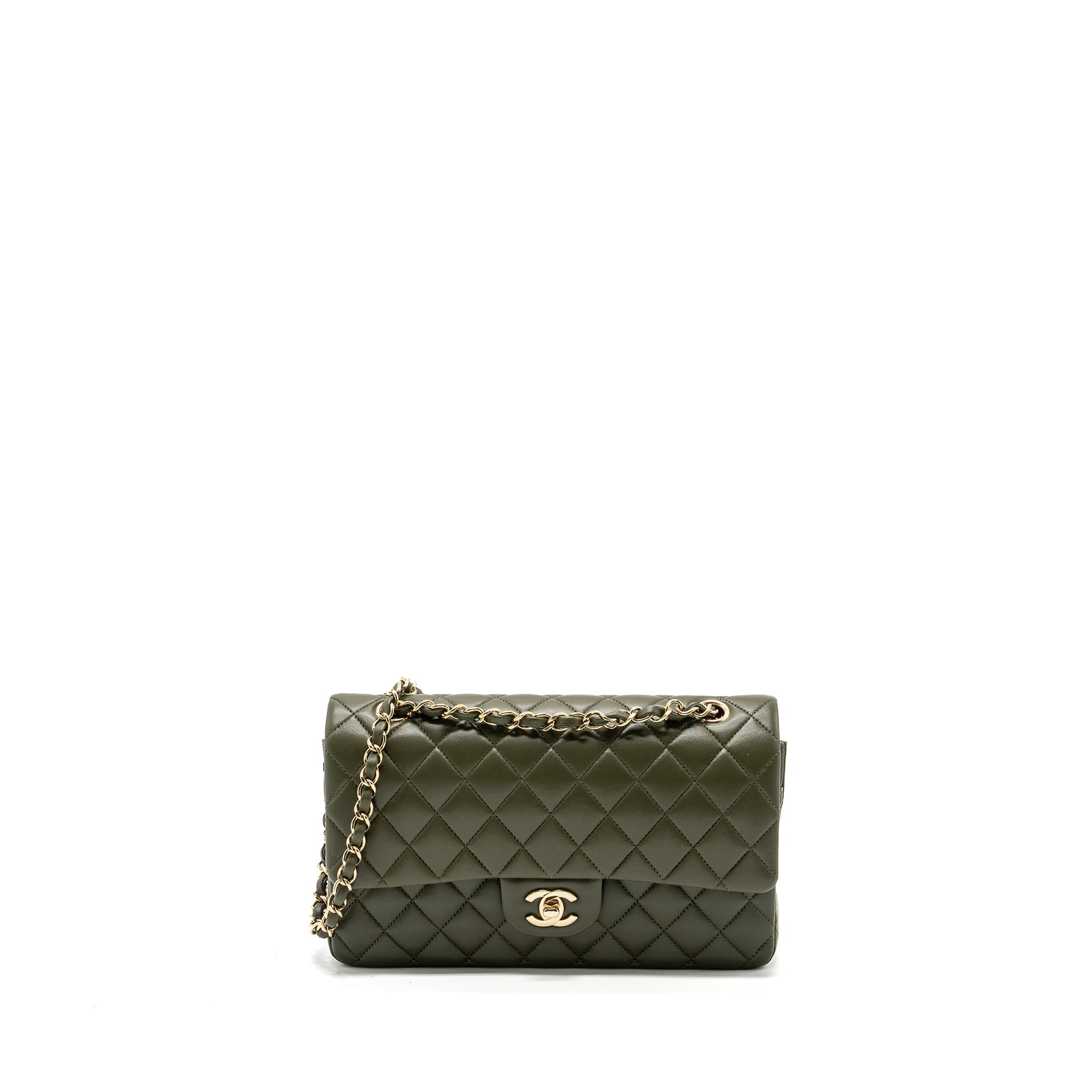 CHANEL 22K MEDIUM CLASSIC DOUBLE FLAP BAG LAMBSKIN OLIVE GREEN LGHW(MICROCHIP)