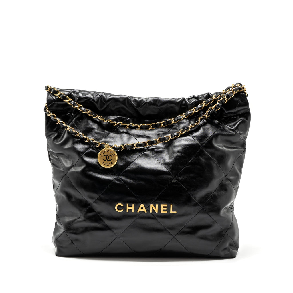 CHANEL MEDIUM 22 BAG GOLD LETTER SHINY CALFSKIN BLACK GHW (MICROCHIP)