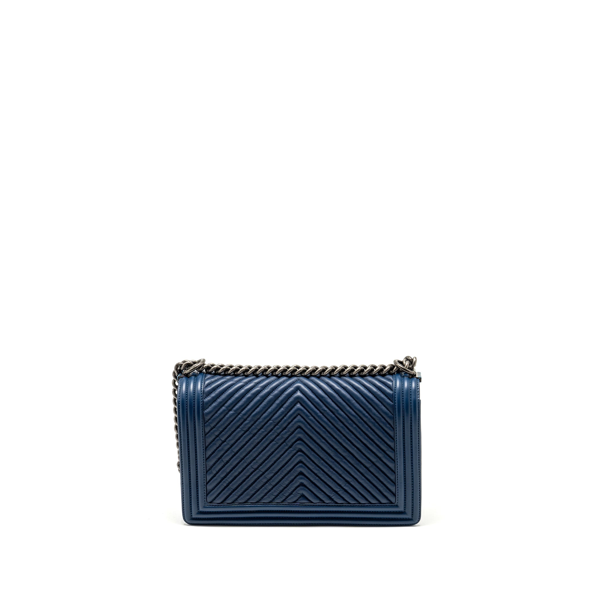 CHANEL NEW MEDIUM BOY BAG CHEVRON LAMBSKIN BLUE RUTHENIUM SHW