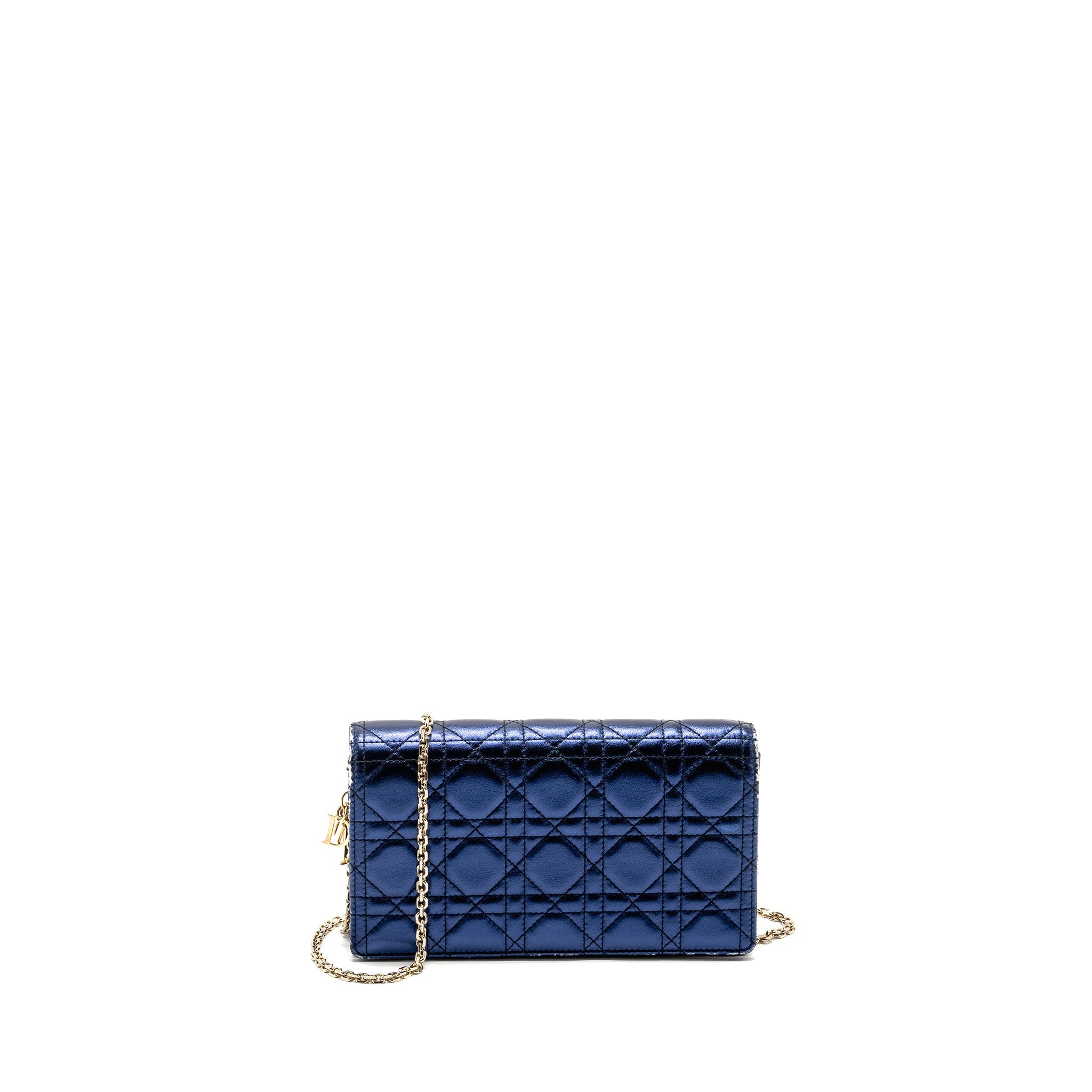 DIOR LADY DIOR POUCH CANNAGE WALLET ON CHAIN LAMBSKIN BLUE LGHW