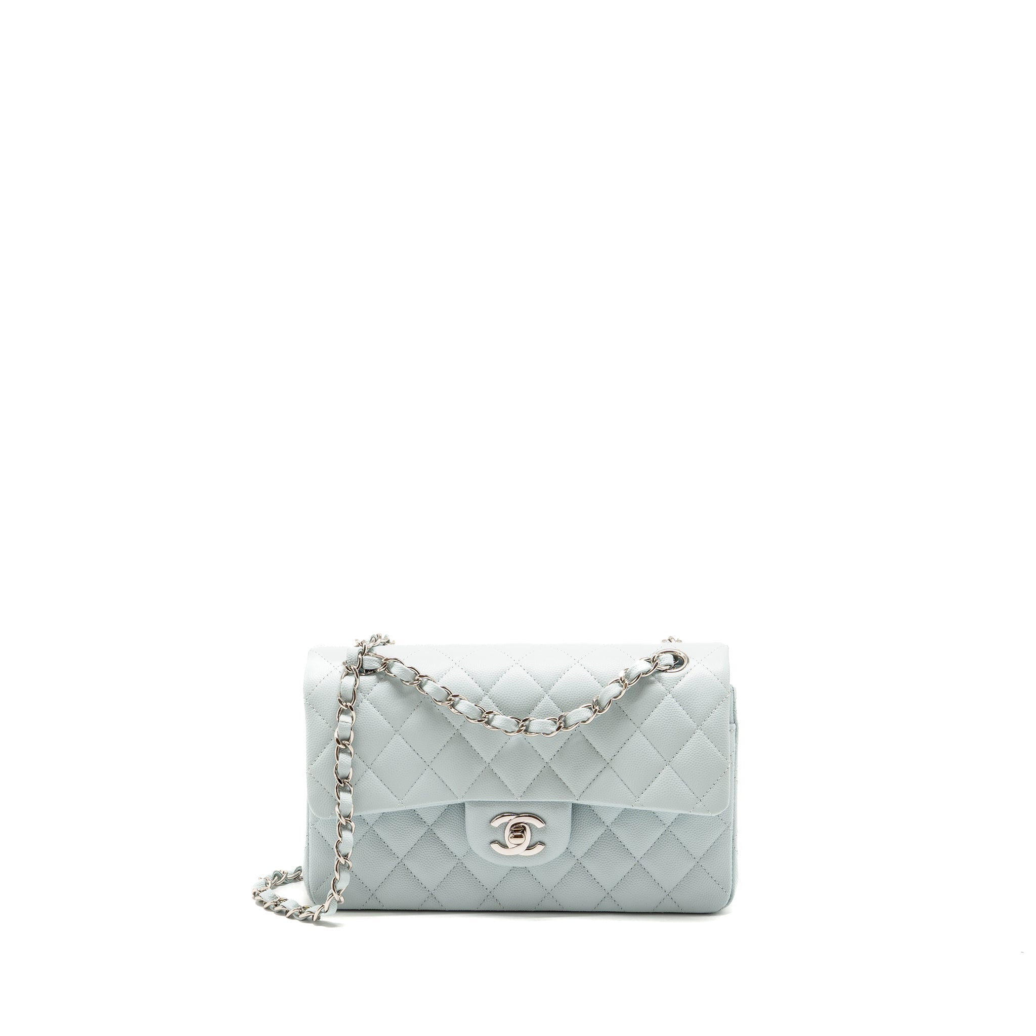 CHANEL SMALL CLASSIC DOUBLE FLAP BAG CAVIAR LIGHT BLUE SHW (MICROCHIP)