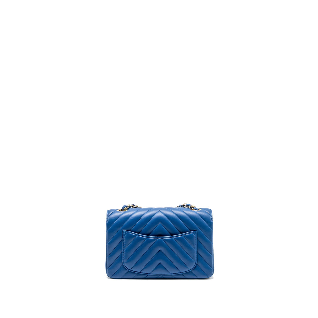 CHANEL MINI RECTANGULAR FLAP BAG CHEVRON LAMBSKIN BLUE LGHW