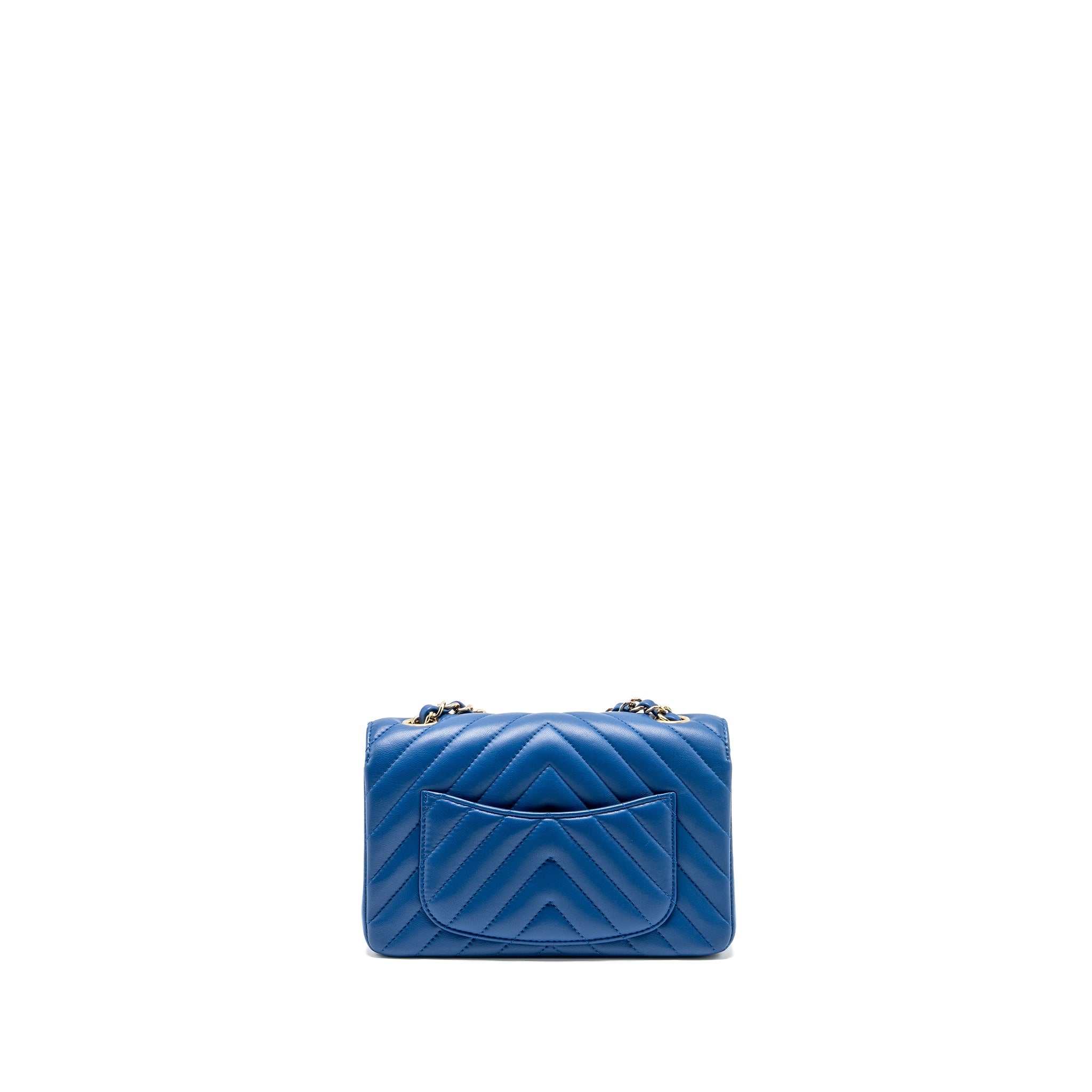 CHANEL MINI RECTANGULAR FLAP BAG CHEVRON LAMBSKIN BLUE LGHW
