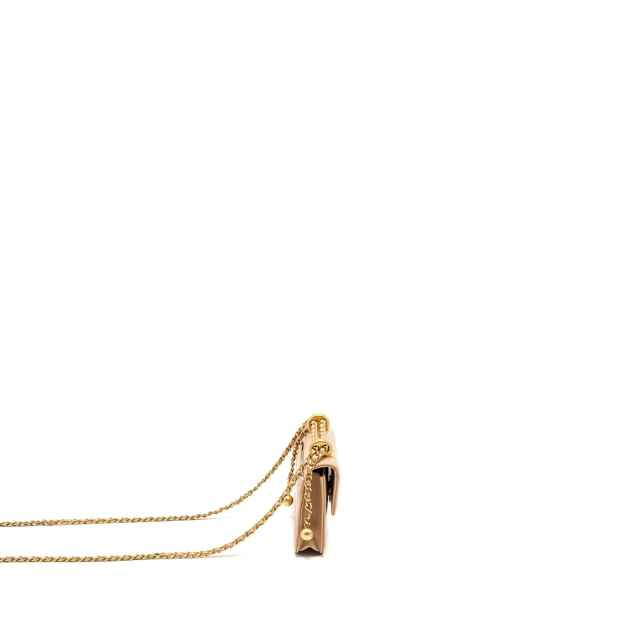 CHANEL 21A GOLD CRUSH MINI FLAP CLUTCH WITH ADJUSTABLE CHAIN CALFSKIN BEIGE GHW