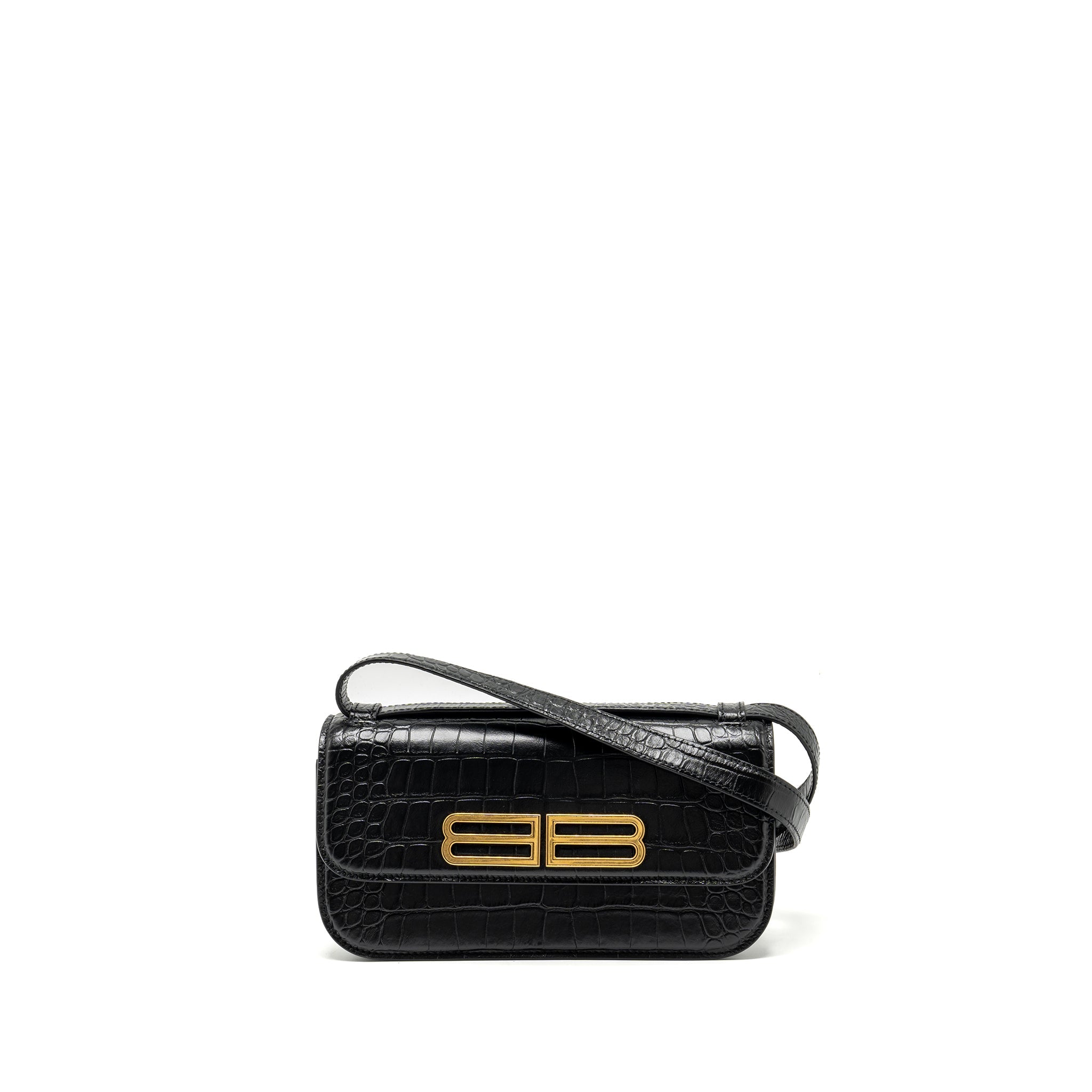 BALENCIAGA GOSSIP SHOULDER BAG CROC-EMBOSSED CALFSKIN BLACK GHW