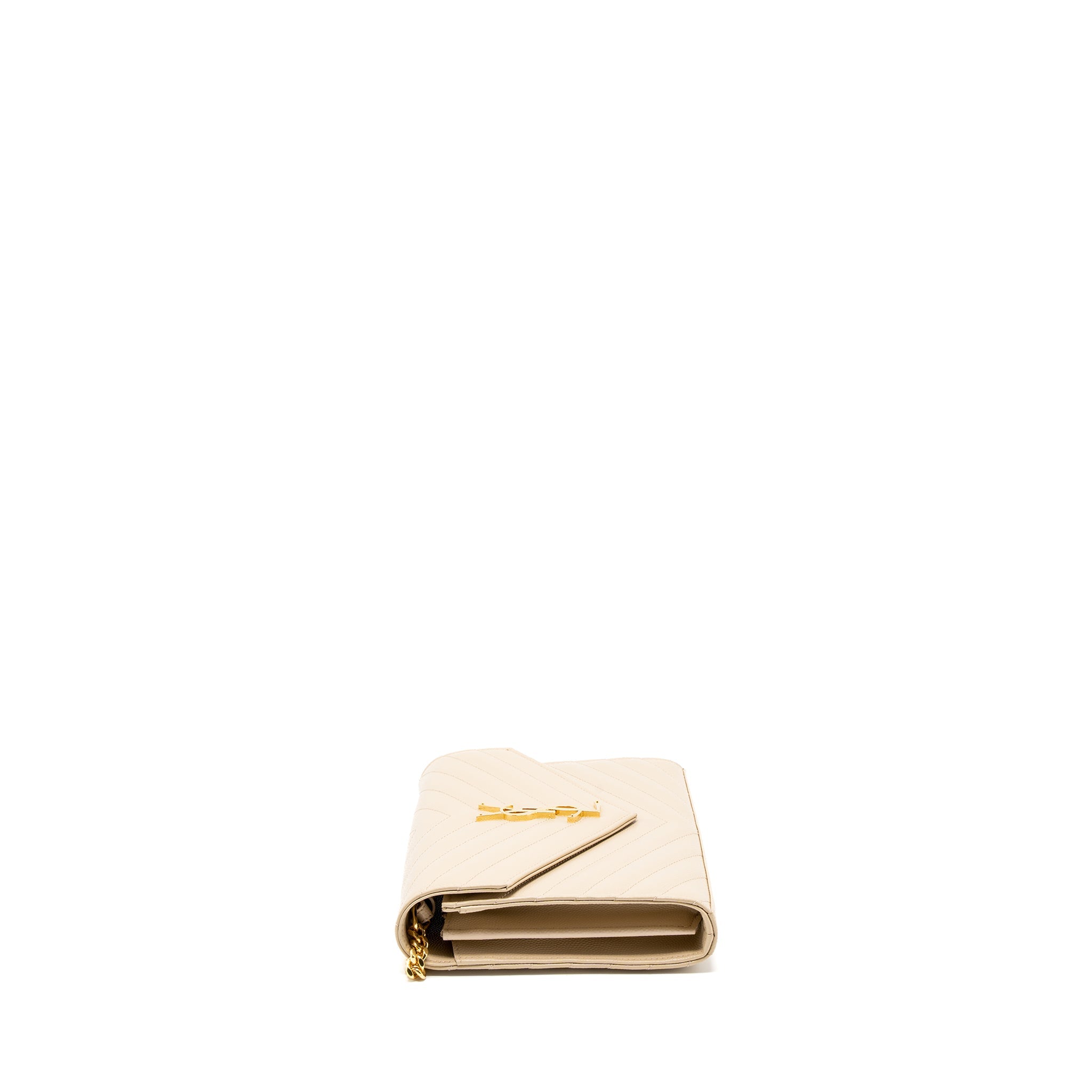 SAINT LAURENT CASSANDRE MATELASSE CHAIN WALLET GRAINED CALFSKIN BEIGE GHW