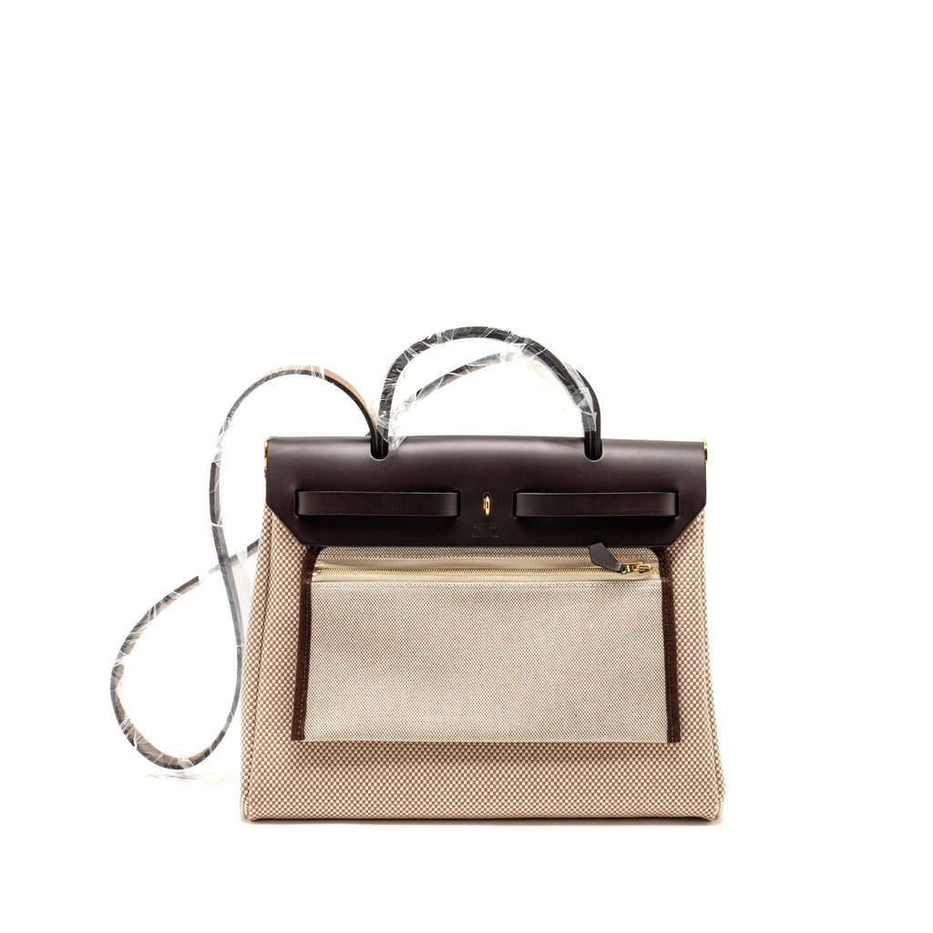 HERMES HERBAG 31 ZIP BAG CANVAS/LEATHER ECRU/BEIGE/EBENE GHW
