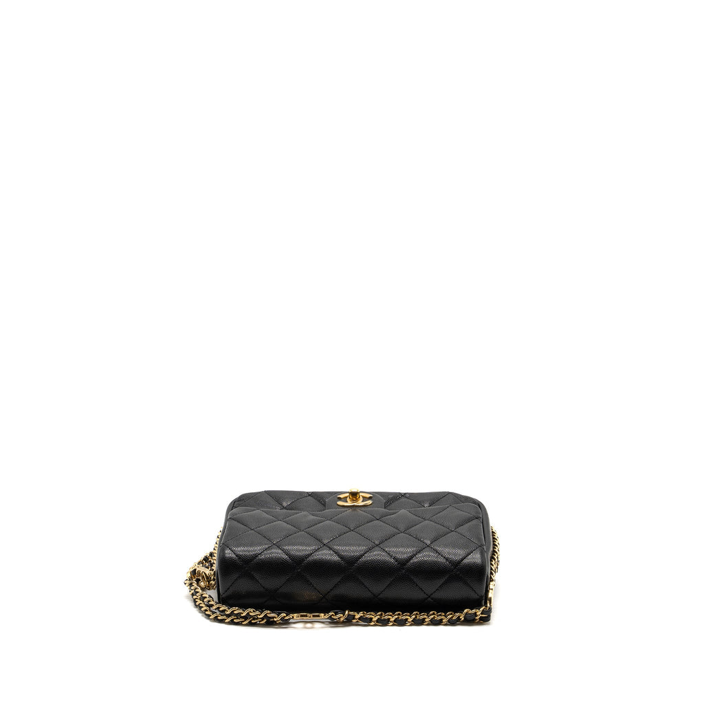 CHANEL QUILTED FLAP BAG WITH DOUBLE AND CC LOGO CHAIN CAVIAR BLACK GHW (MICROCHIP)