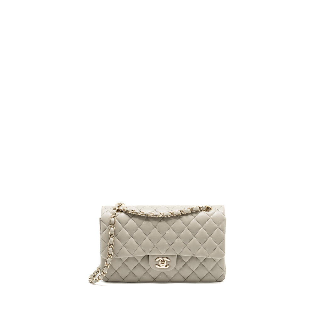 CHANEL MEDIUM CLASSIC DOUBLE FLAP BAG LAMBSKIN LIGHT GREY LGHW (MICROCHIP)