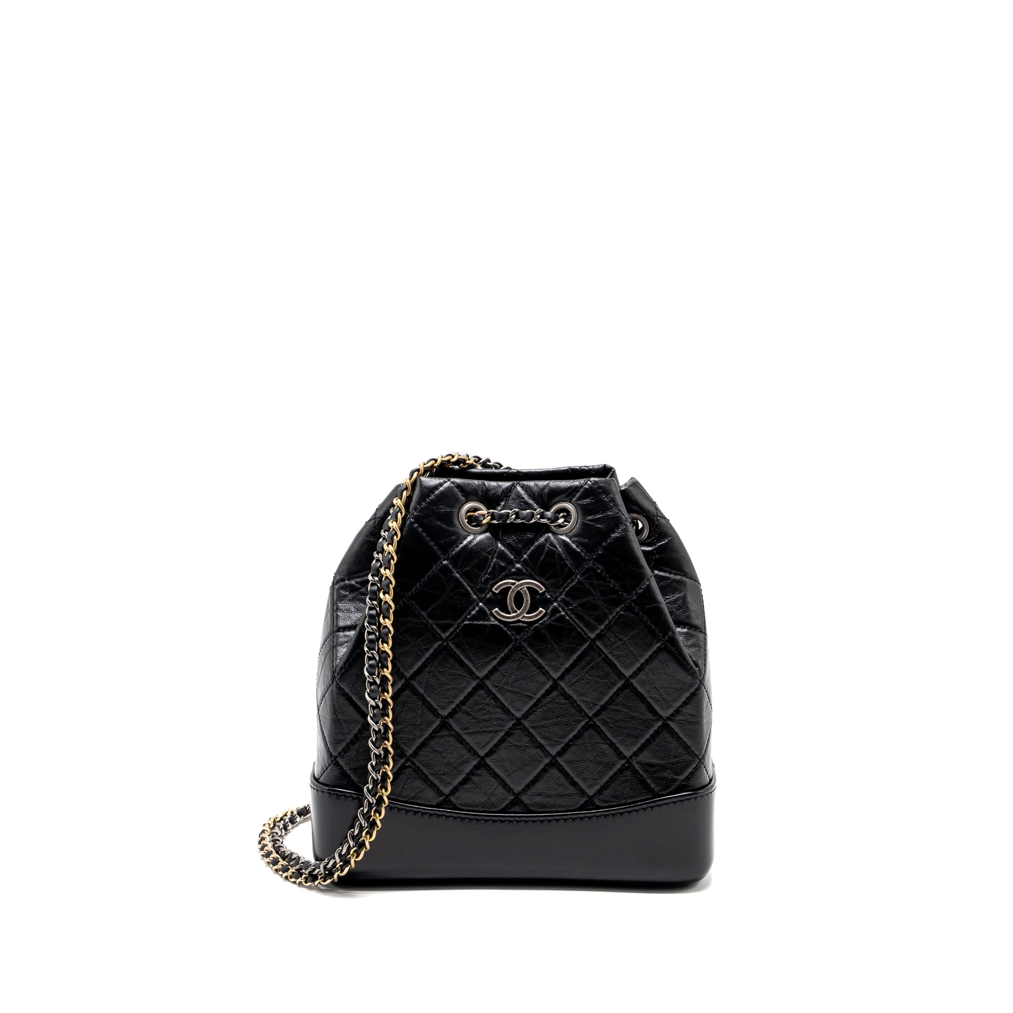 CHANEL SMALL GABRIELLE BACKPACK AGED CALFSKIN BLACK MULTICOLOUR COLOUR HARDWARE (MICROCHIP)