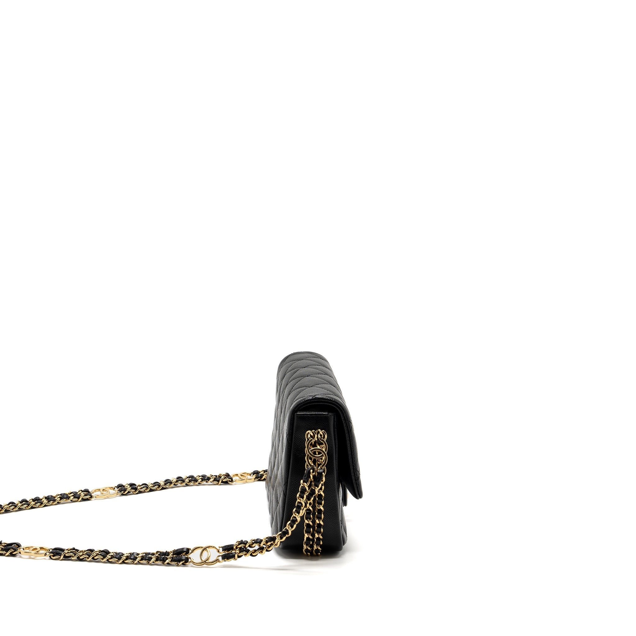 CHANEL QUILTED FLAP BAG WITH DOUBLE AND CC LOGO CHAIN CAVIAR BLACK GHW (MICROCHIP)