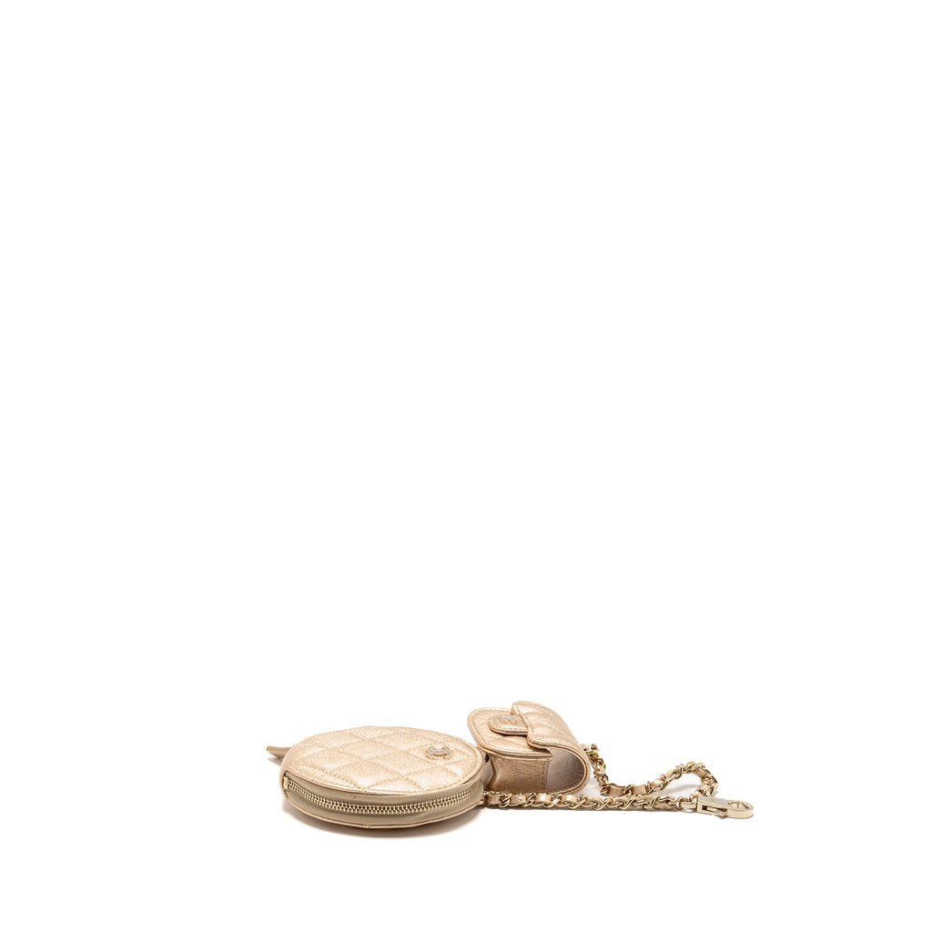CHANEL ROUND CLIP ON PURSE DUO BAG CHARM QUILTED LAMBSKIN METALLIC GOLD LGHW(MICROCHIP)