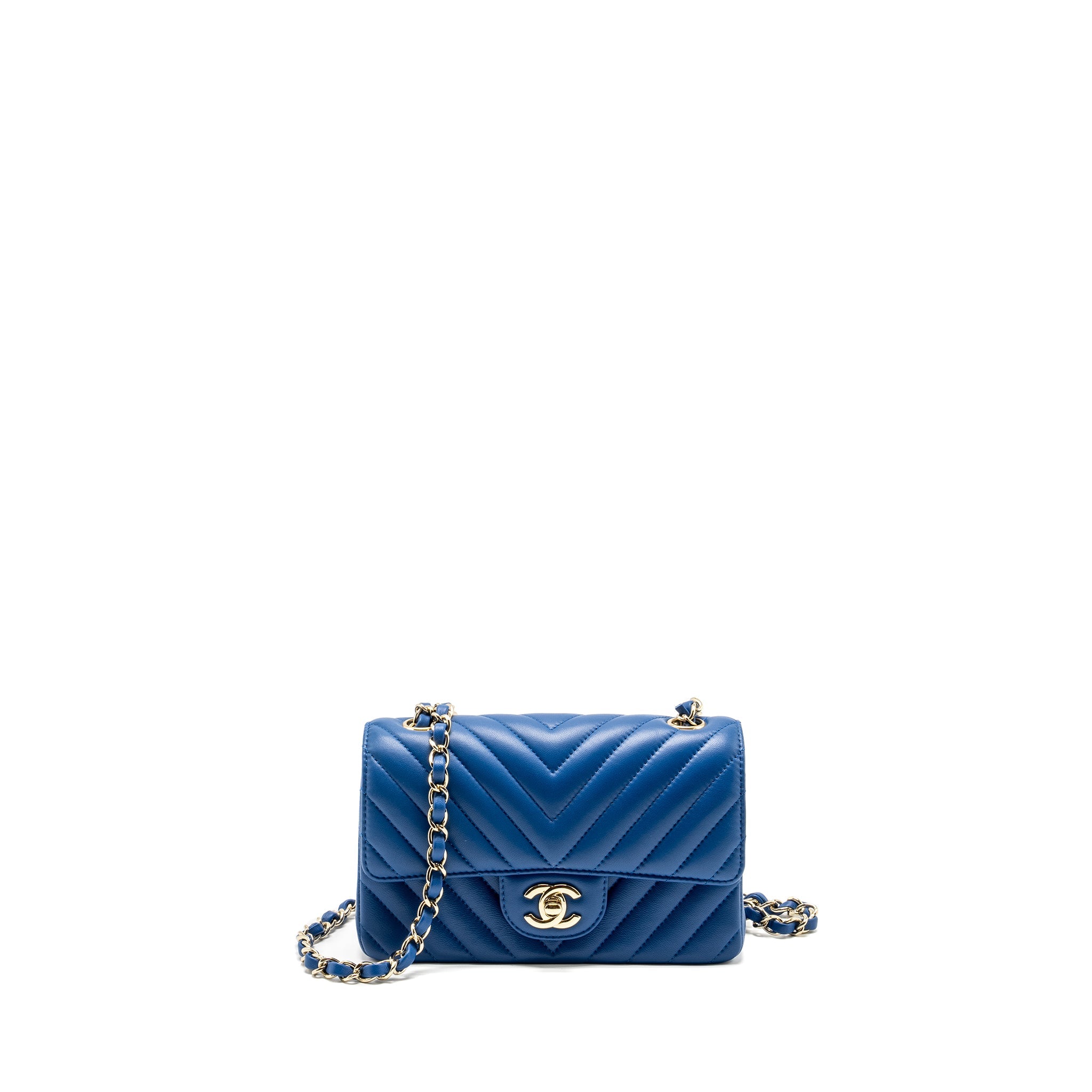 CHANEL MINI RECTANGULAR FLAP BAG CHEVRON LAMBSKIN BLUE LGHW