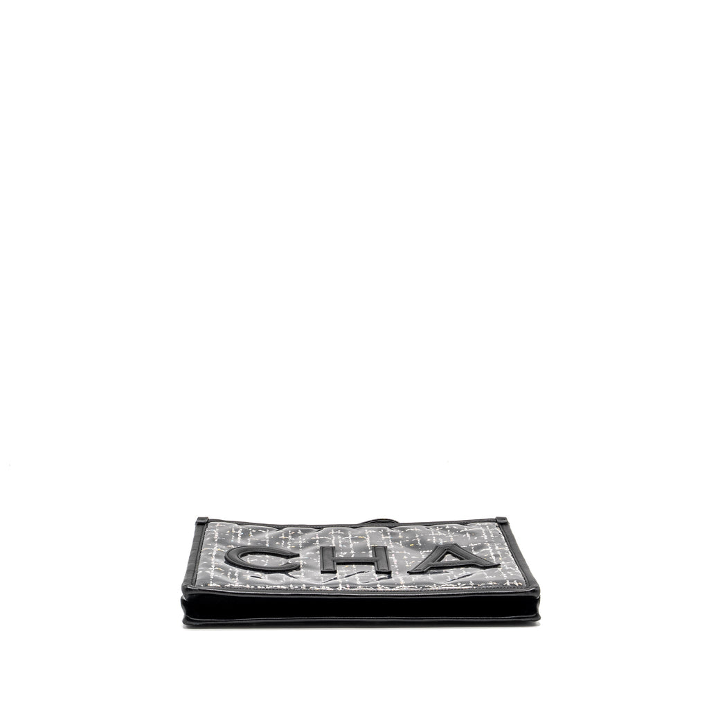 CHANEL LETTER LOGO CLUTCH BAG TWEED PVC/LAMBSKIN BLACK LGHW