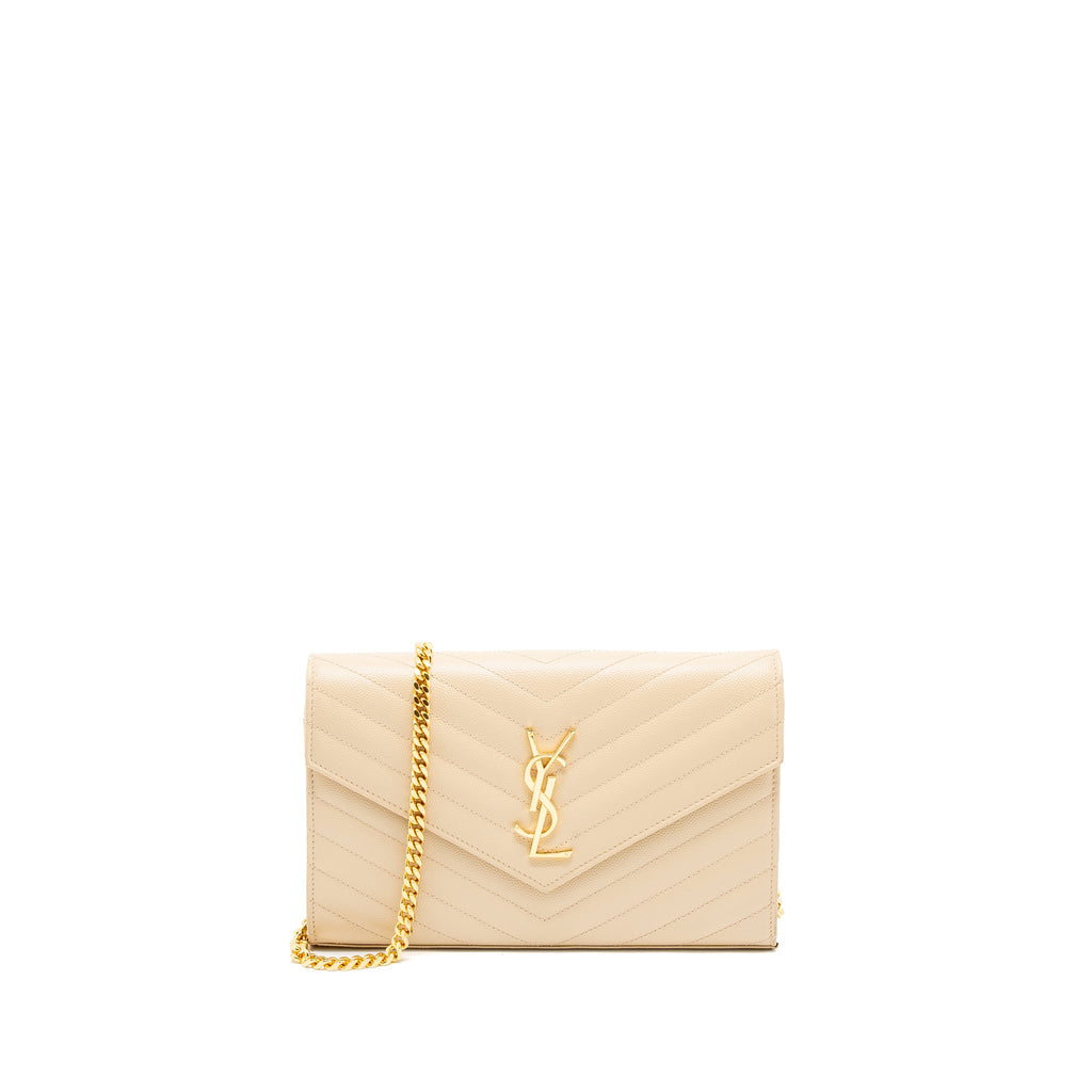 SAINT LAURENT CASSANDRE MATELASSE CHAIN WALLET GRAINED CALFSKIN BEIGE GHW