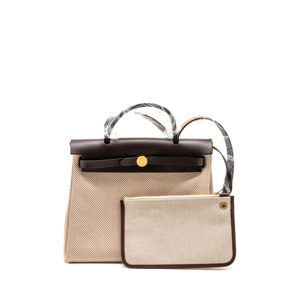 HERMES HERBAG 31 ZIP BAG CANVAS/LEATHER ECRU/BEIGE/EBENE GHW