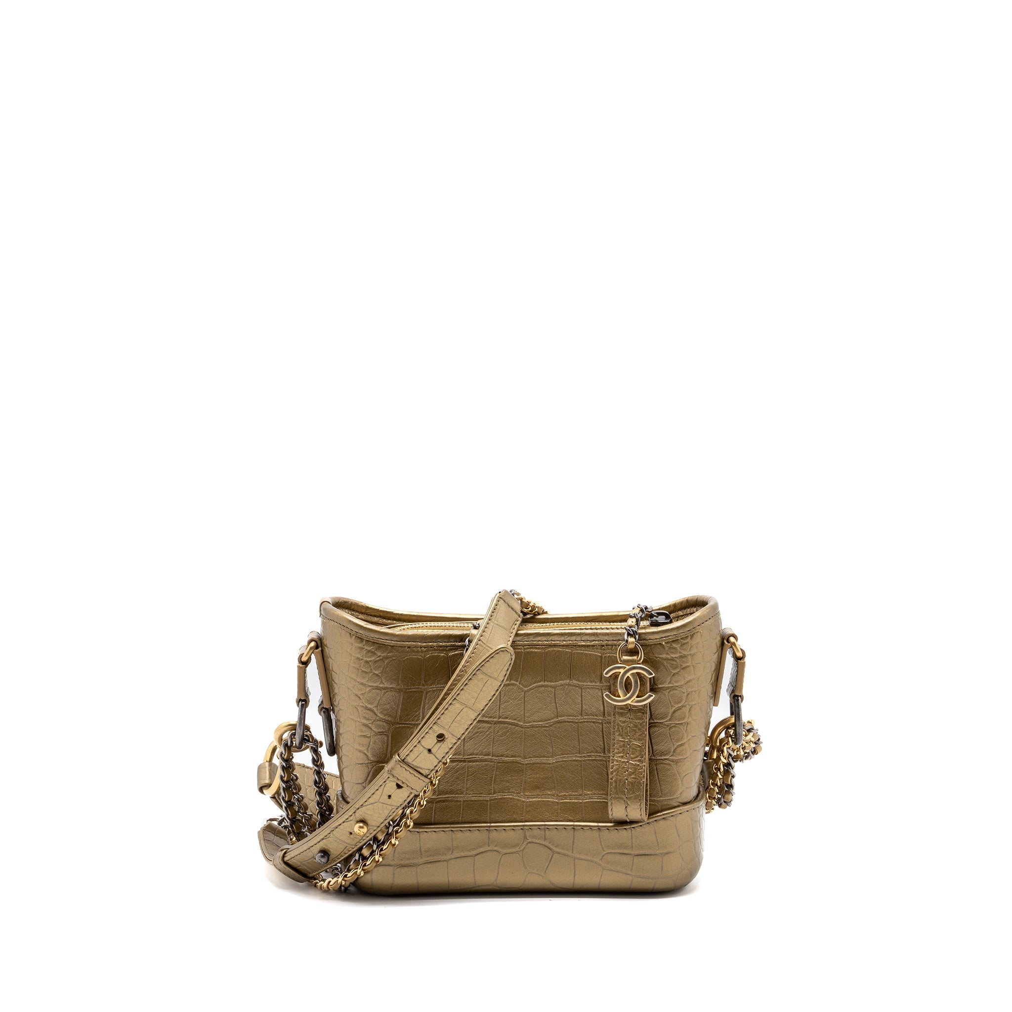 CHANEL SMALL GABRIELLE HOBO BAG WITH TOP HANDLE CROC-EMBOSSED CALFSKIN GOLD MULTICOLOUR HARDWARE