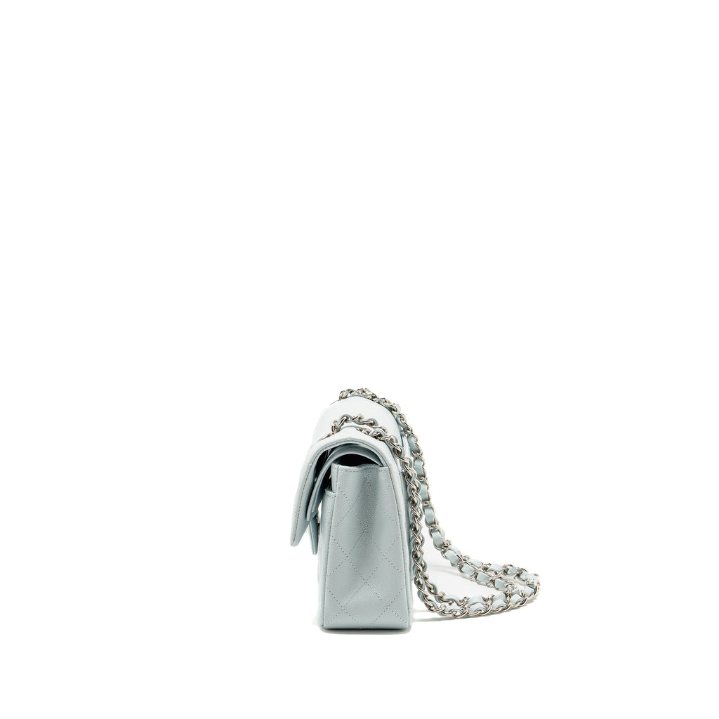 CHANEL SMALL CLASSIC DOUBLE FLAP BAG CAVIAR LIGHT BLUE SHW (MICROCHIP)