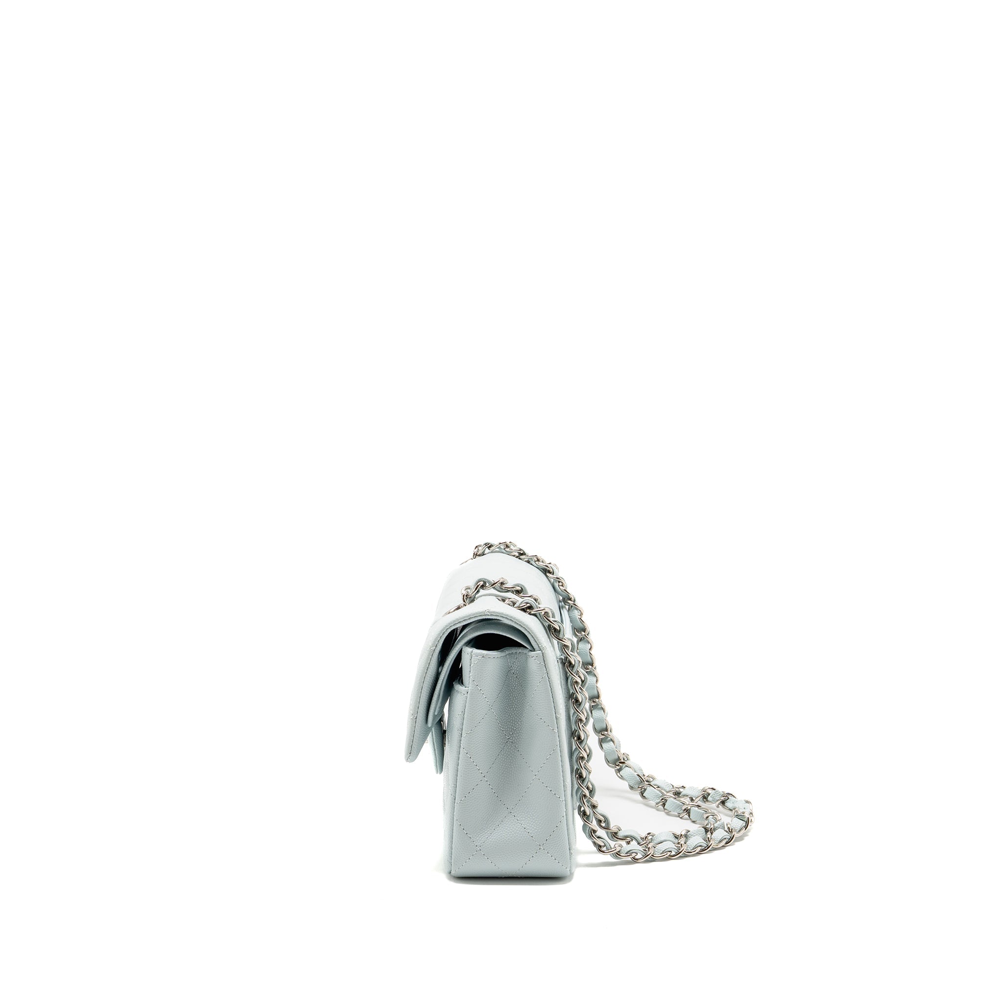 CHANEL SMALL CLASSIC DOUBLE FLAP BAG CAVIAR LIGHT BLUE SHW (MICROCHIP)