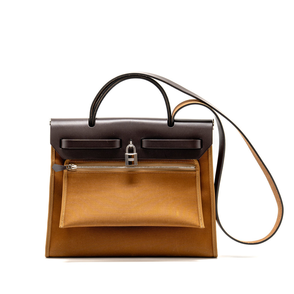 HERMES HERBAG 31 ZIP BAG CANVAS/HUNTER LEATHER ALEZAN/EBENE SHW