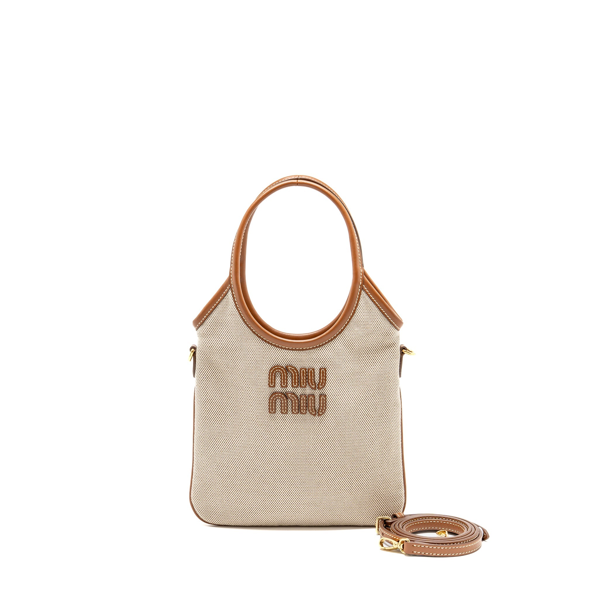 MIU MIU MINI IVY BAG CANVAS/LEATHER BEIGE/BRANDY GHW