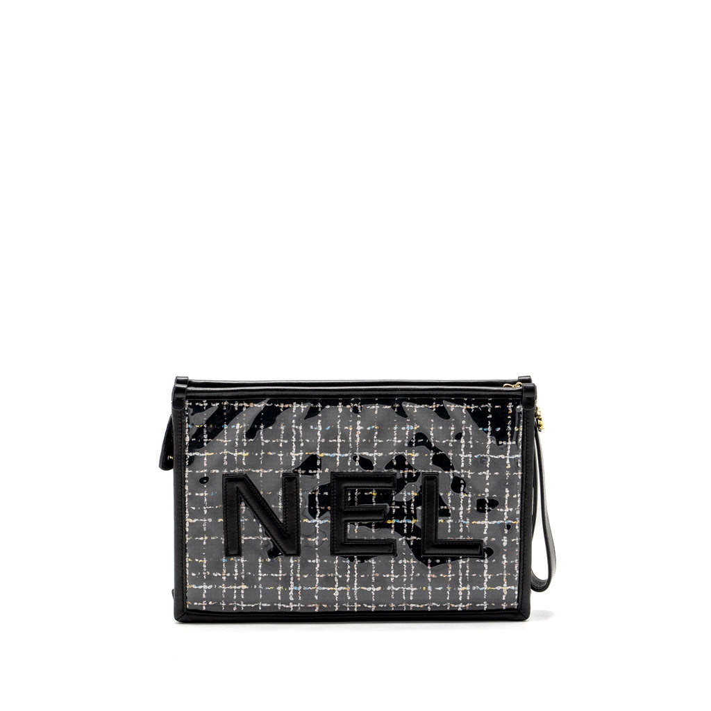 CHANEL LETTER LOGO CLUTCH BAG TWEED PVC/LAMBSKIN BLACK LGHW