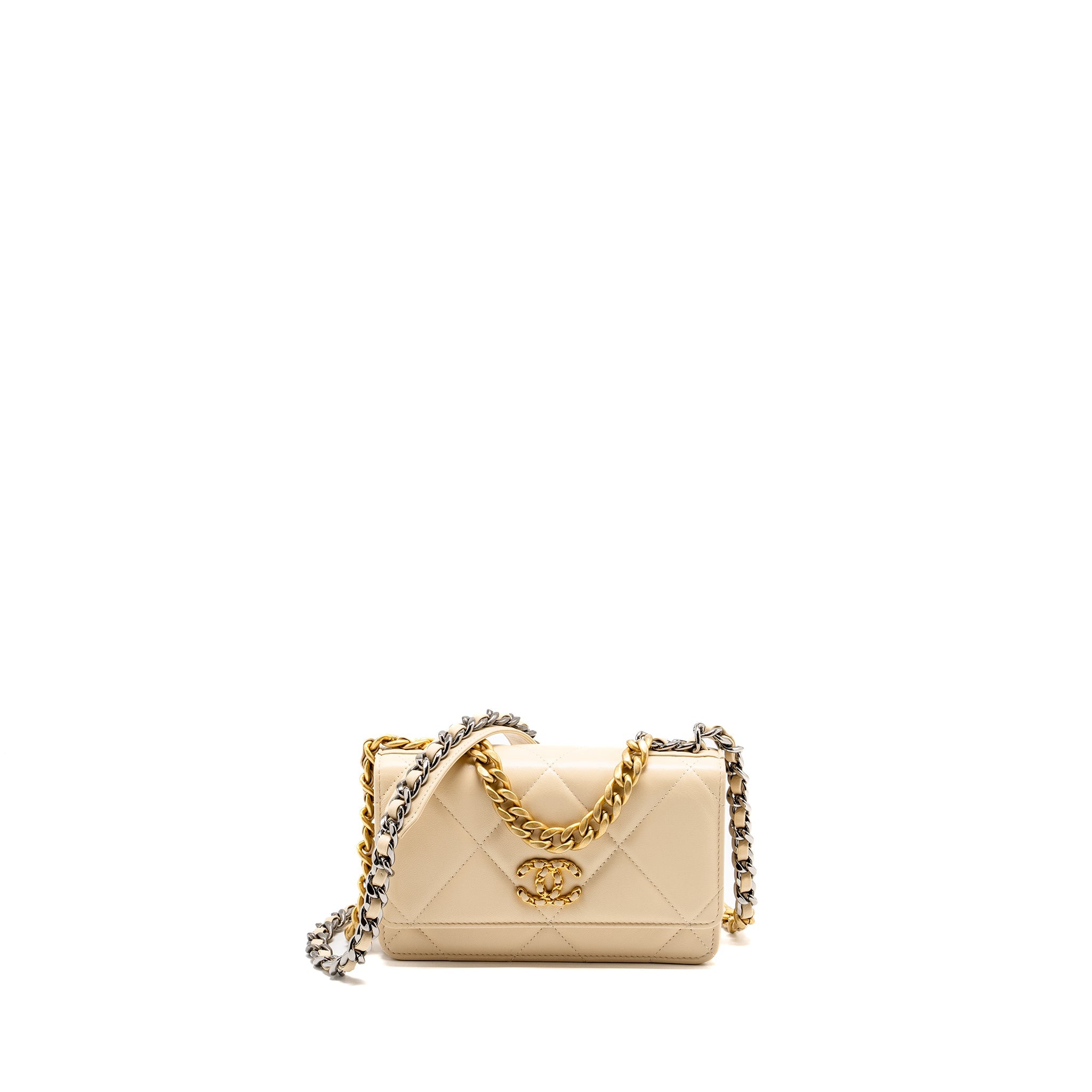 CHANEL 19 WALLET ON CHAIN LAMBSKIN LIGHT BEIGE MULTICOLOUR HARDWARE