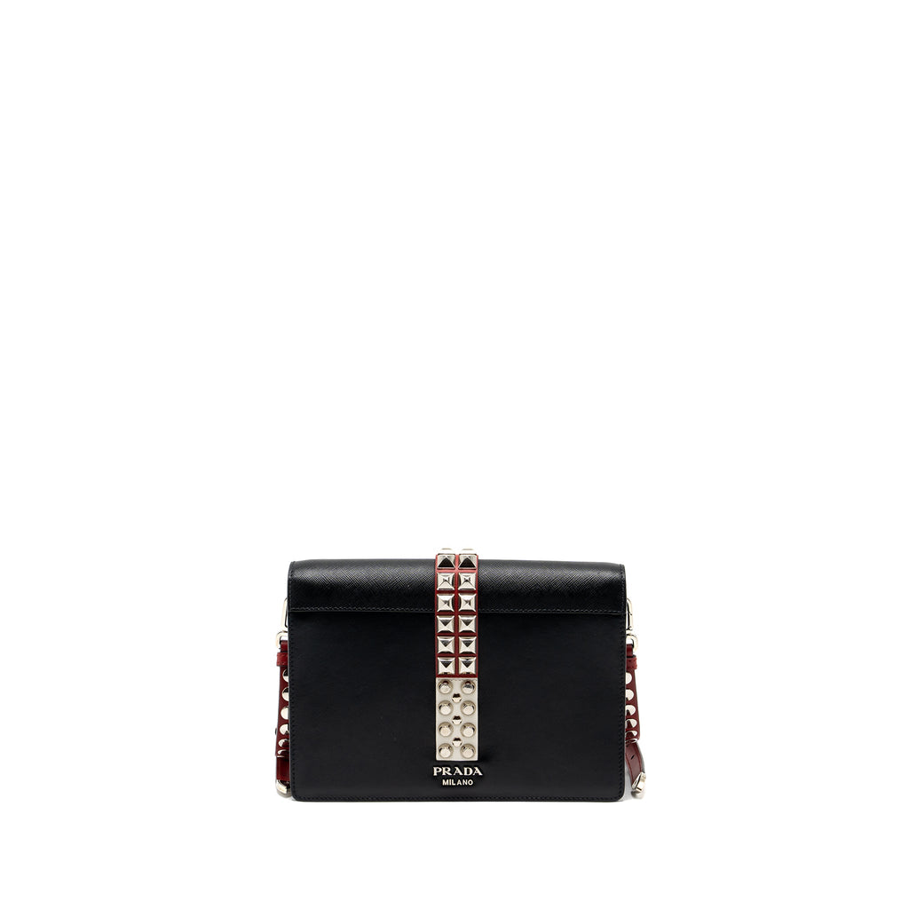 PRADA ELECTRA CITY FLAP BAG CALFSKIN BLACK / RED SHW