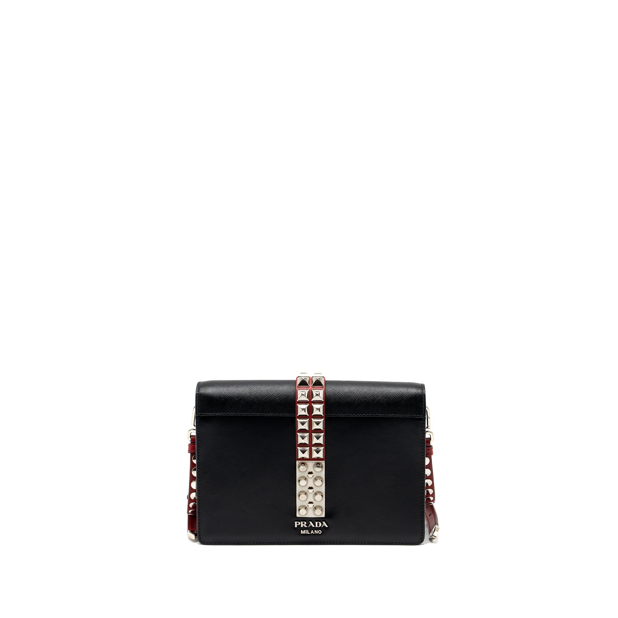 PRADA ELECTRA CITY FLAP BAG CALFSKIN BLACK / RED SHW