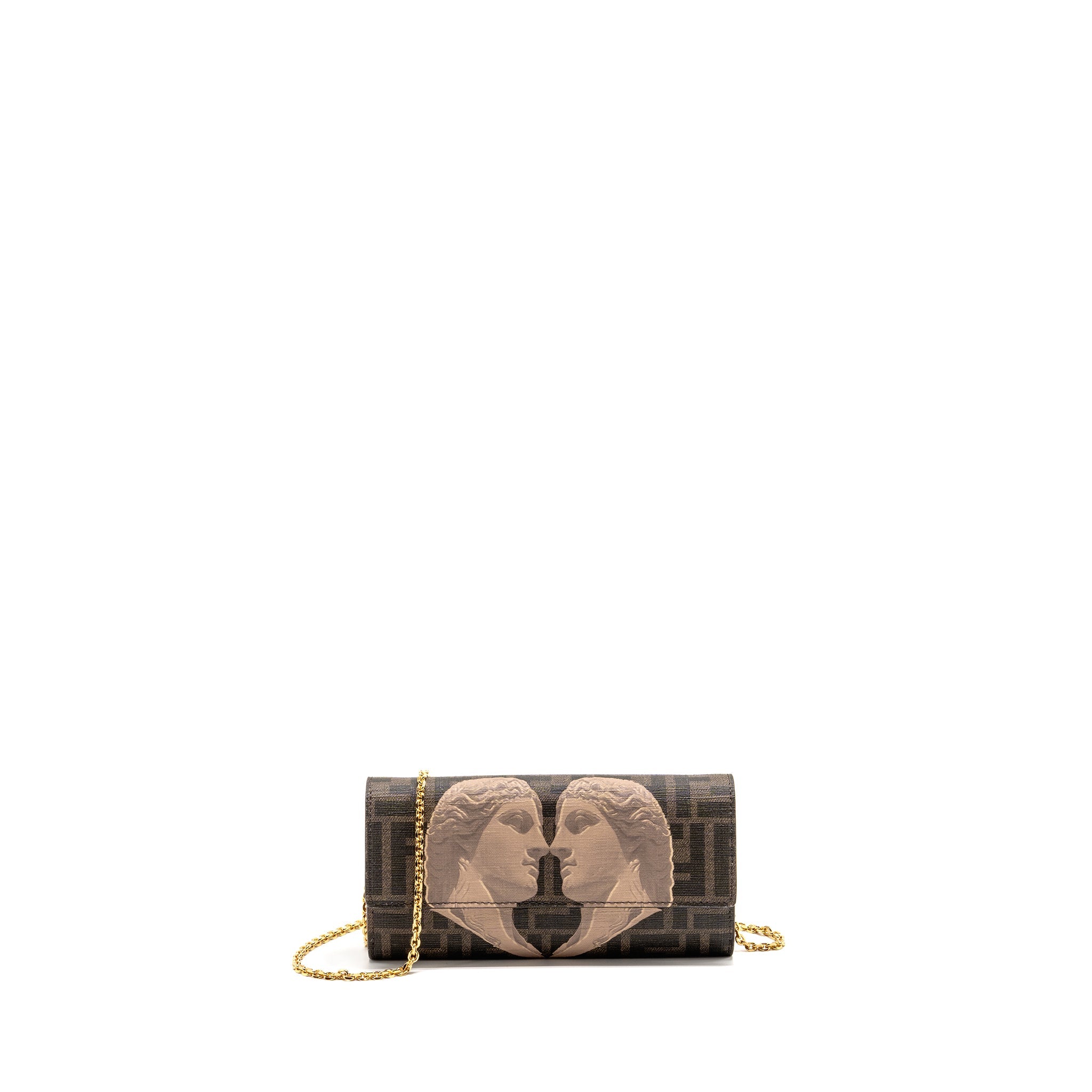 FENDI CONTINENTAL WALLET ON CHAIN FF FABRIC/CALFSKIN TOBACCO BROWN/BEIGE GHW