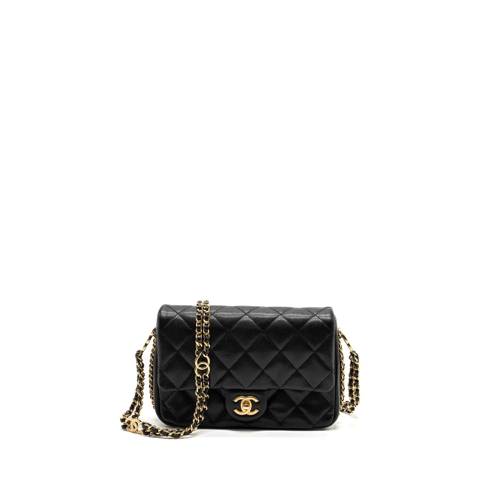 CHANEL QUILTED FLAP BAG WITH DOUBLE AND CC LOGO CHAIN CAVIAR BLACK GHW (MICROCHIP)