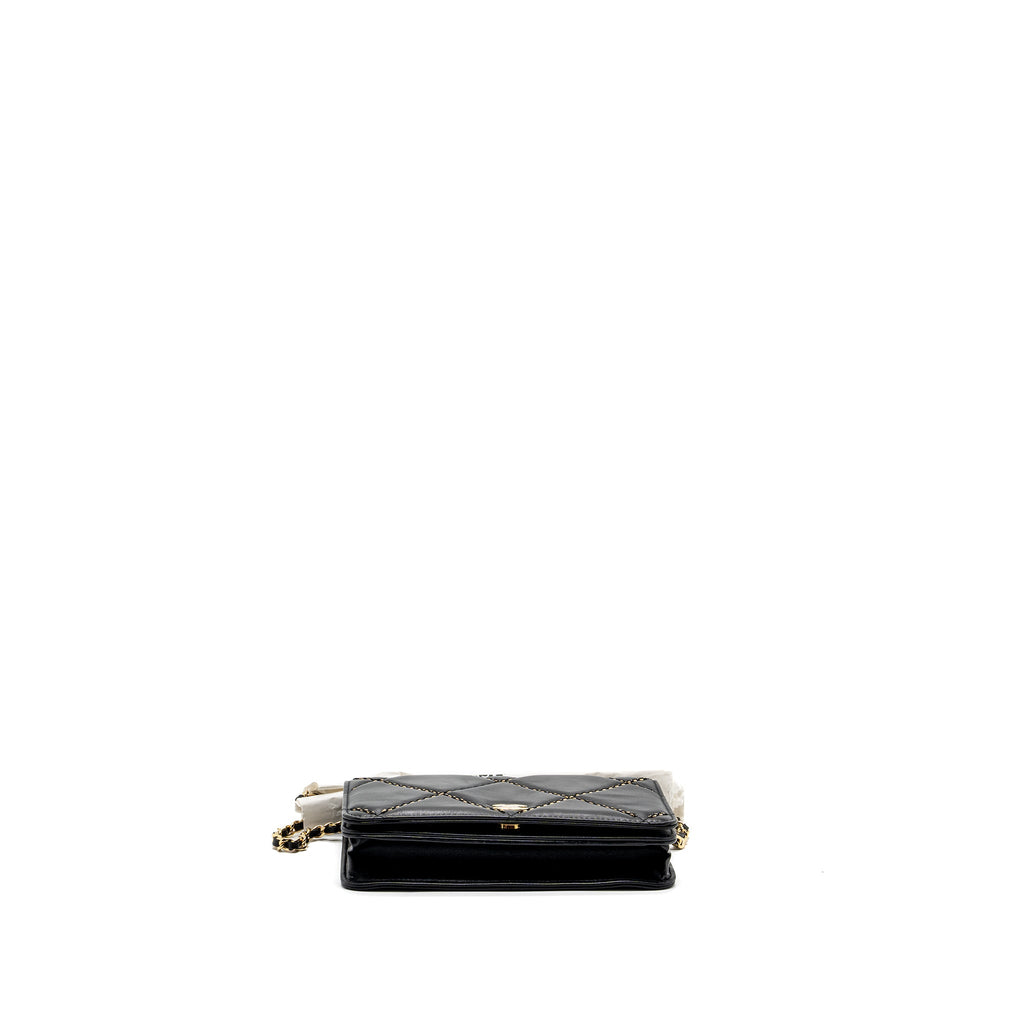 CHANEL QUILTED WALLET ON CHAIN SHINY CALFSKIN BLACK GHW (MICROCHIP)