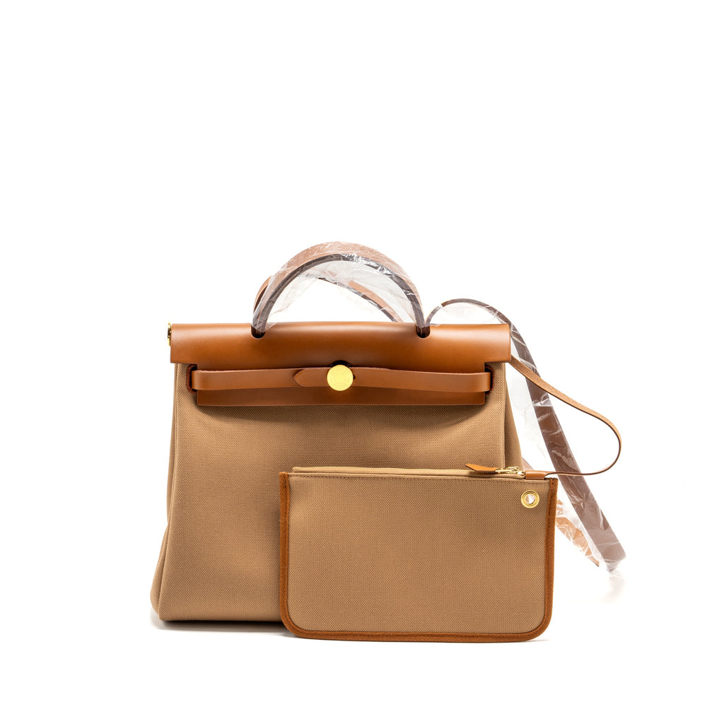 HERMES HERBAG 31 ZIP BAG CANVAS/VACHE HUNTER CHAI / FAUVE GHW