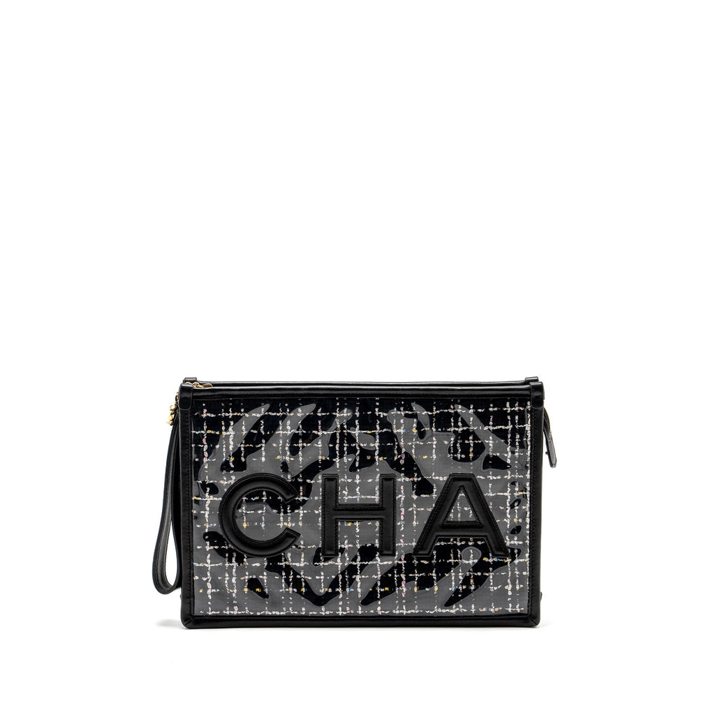 CHANEL LETTER LOGO CLUTCH BAG TWEED PVC/LAMBSKIN BLACK LGHW