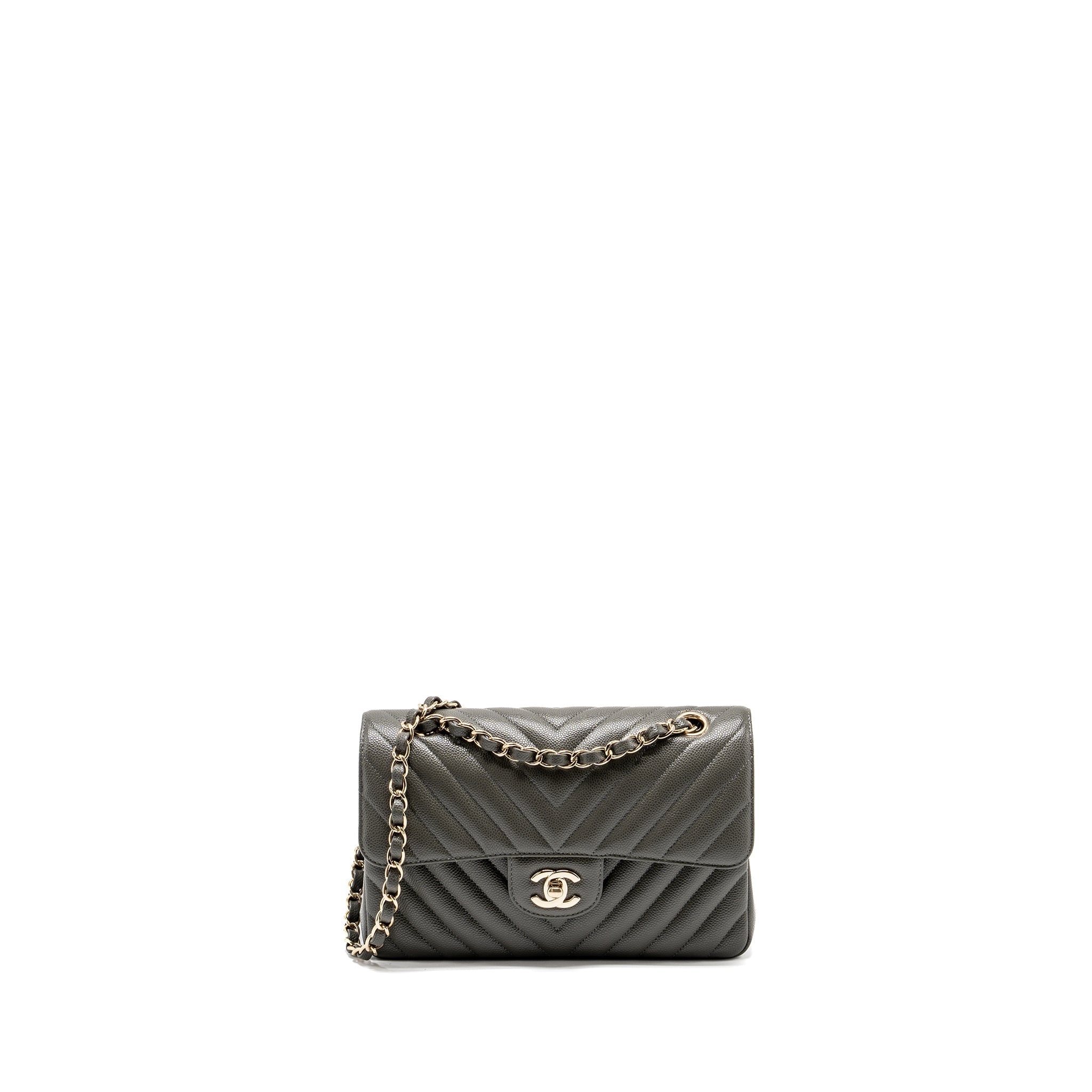 CHANEL SMALL CLASSIC DOUBLE FLAP BAG CHEVRON CAVIAR DARK GREY LGHW