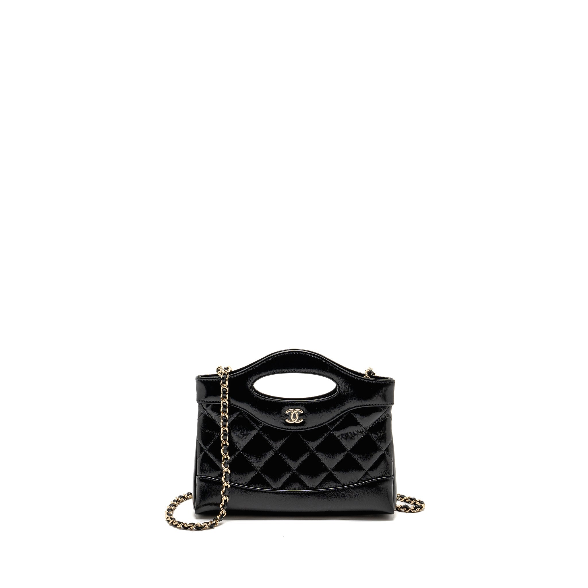 CHANEL MINI 31 CLUTCH WITH CHAIN SHINY CALFSKIN BLACK LGHW (MICROCHIP)