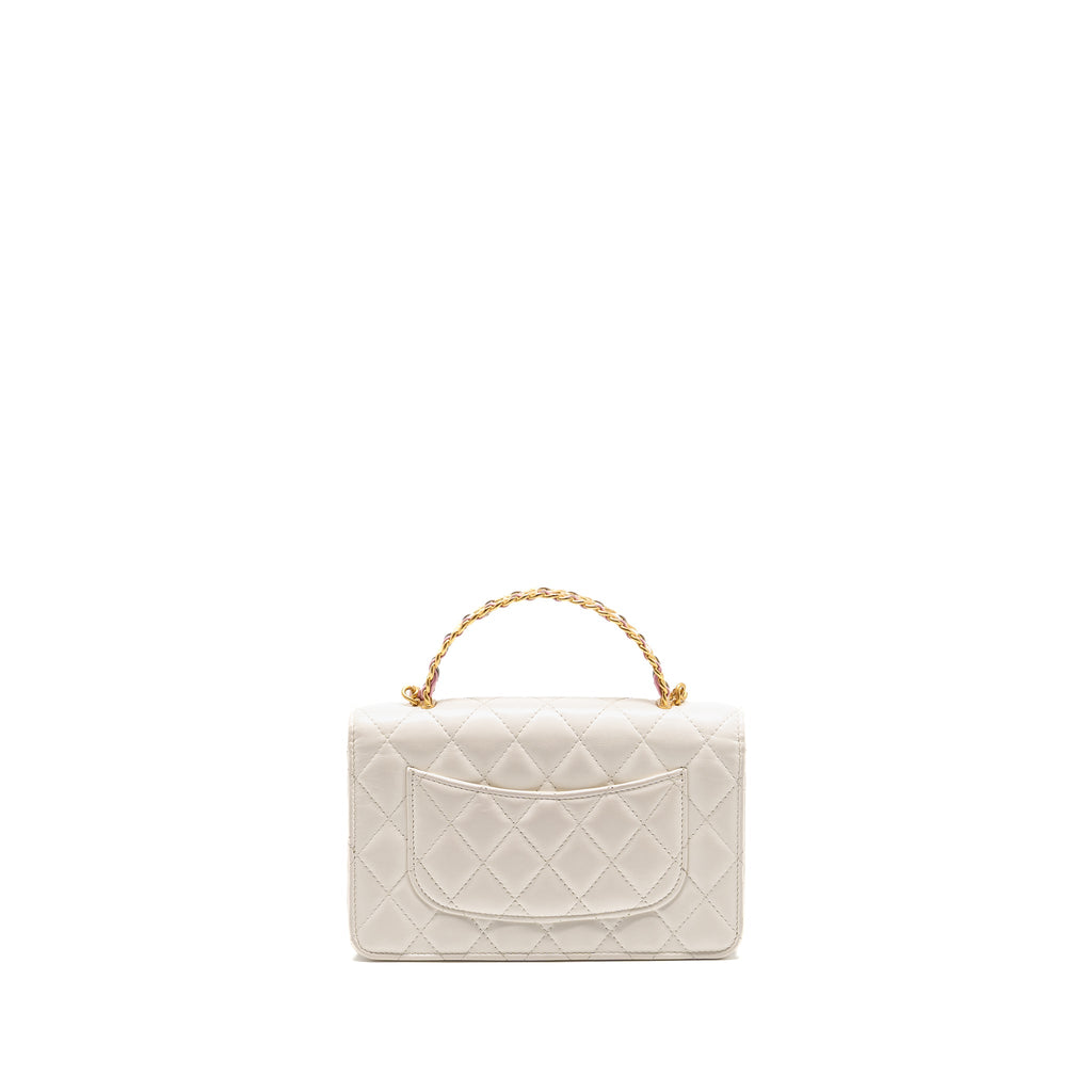 CHANEL TOP HANDLE WALLET WITH CHAIN CALFSKIN WHITE GHW (MICROCHIP)