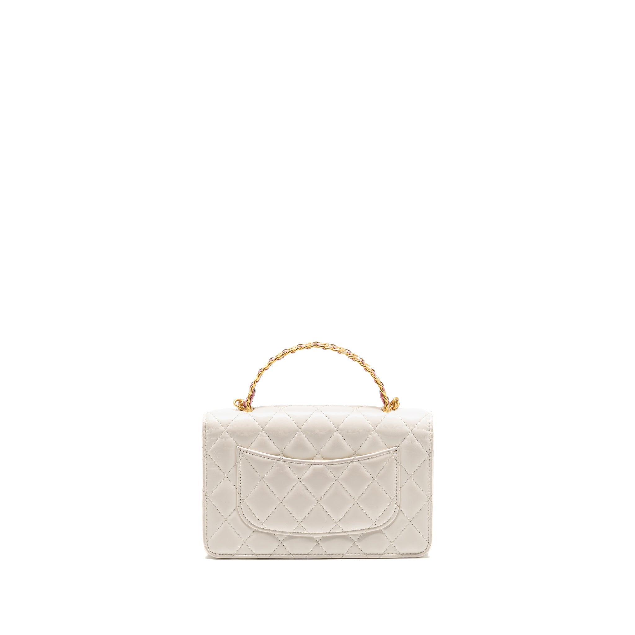 CHANEL TOP HANDLE WALLET WITH CHAIN CALFSKIN WHITE GHW (MICROCHIP)