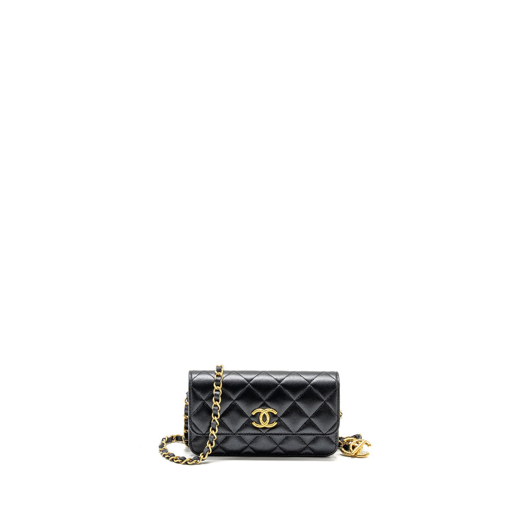 CHANEL 23B MINI FLAP WALLET WITH ADJUSTABLE CHAIN CAVIAR IRIDESCENT BLACK GHW (MICROCHIP)