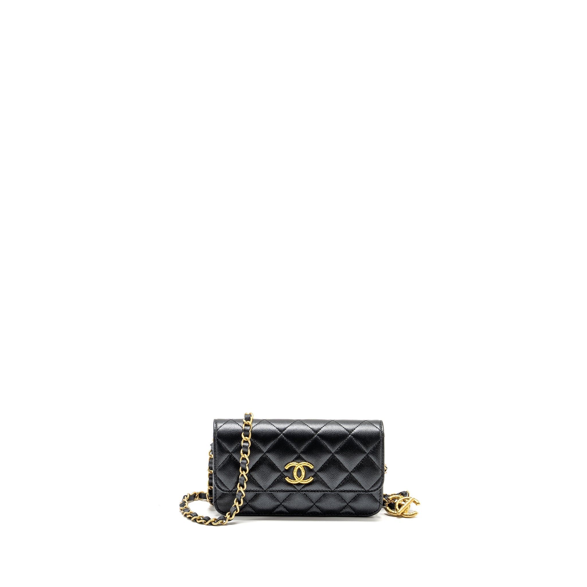 CHANEL 23B MINI FLAP WALLET WITH ADJUSTABLE CHAIN CAVIAR IRIDESCENT BLACK GHW (MICROCHIP)