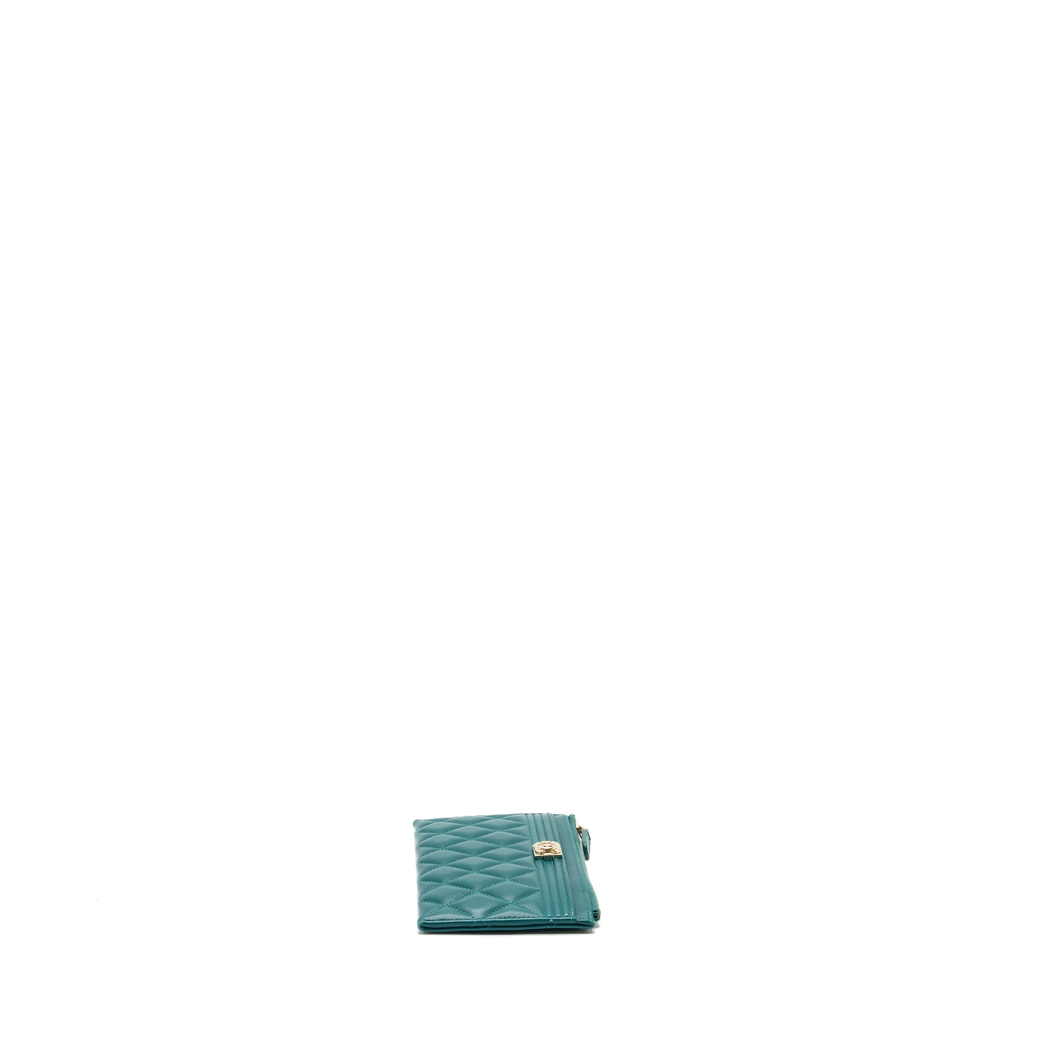 CHANEL BOY ZIP POUCH LAMBSKIN GREEN LGHW