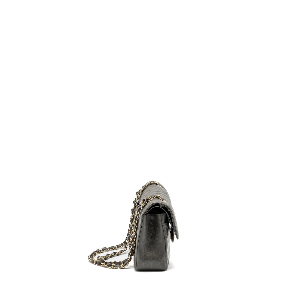 CHANEL SMALL CLASSIC DOUBLE FLAP BAG CHEVRON CAVIAR DARK GREY LGHW